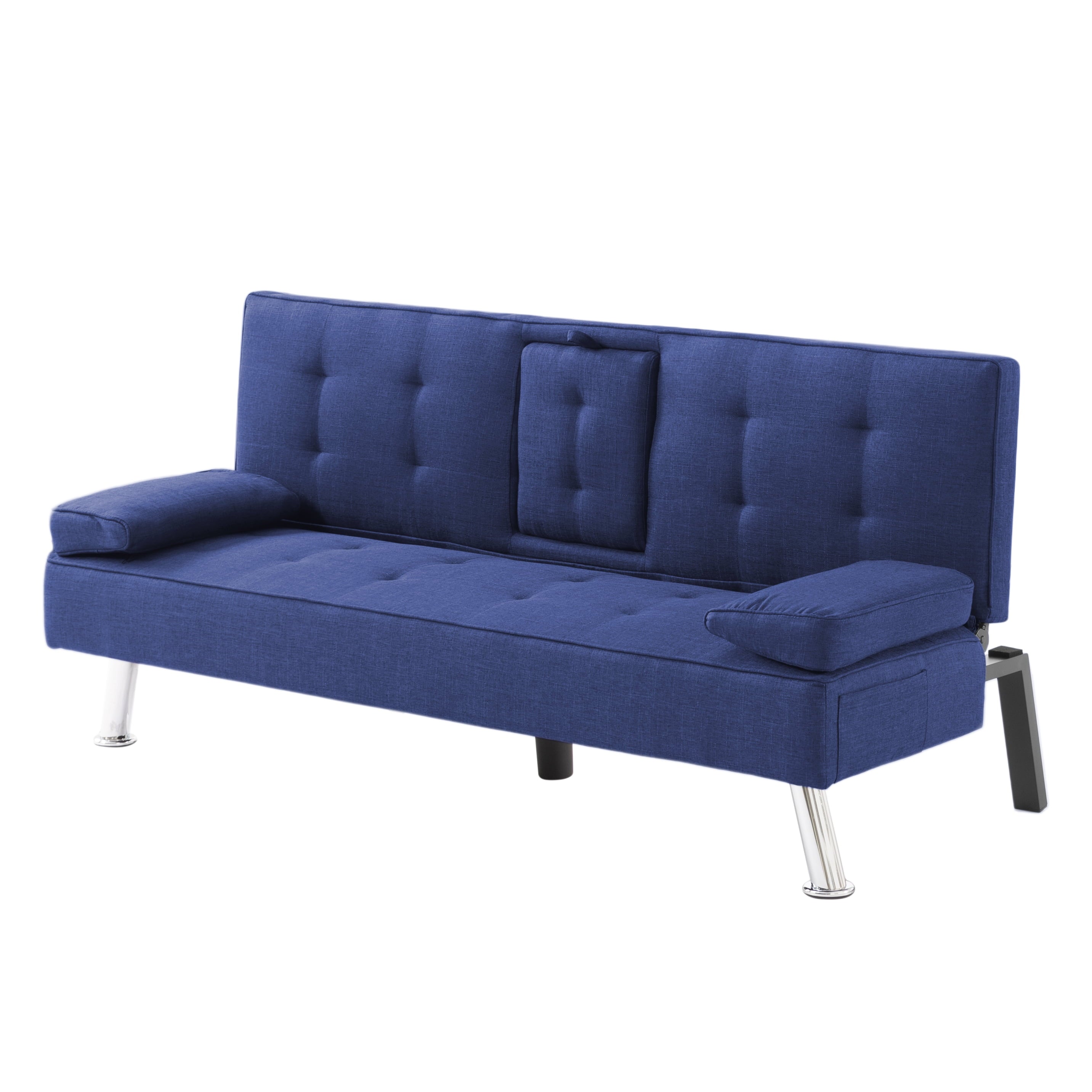 BSHTI 65 Modern Velvet Futon Sofa Bed with Drop Down Cup Holders, 3-Position Adjustable Backrest, Removable Arm Cushions, Chrome Legs for Living Room & Guest Room Black