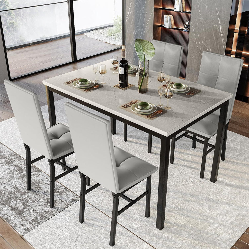 MOOSENG Dining Table Set for 4, Faux Marble Kitchen Table and Chairs Set of 4, 5-Piece Dining Room Set with PU Leather Upholstered Chairs for Small Space, Gray