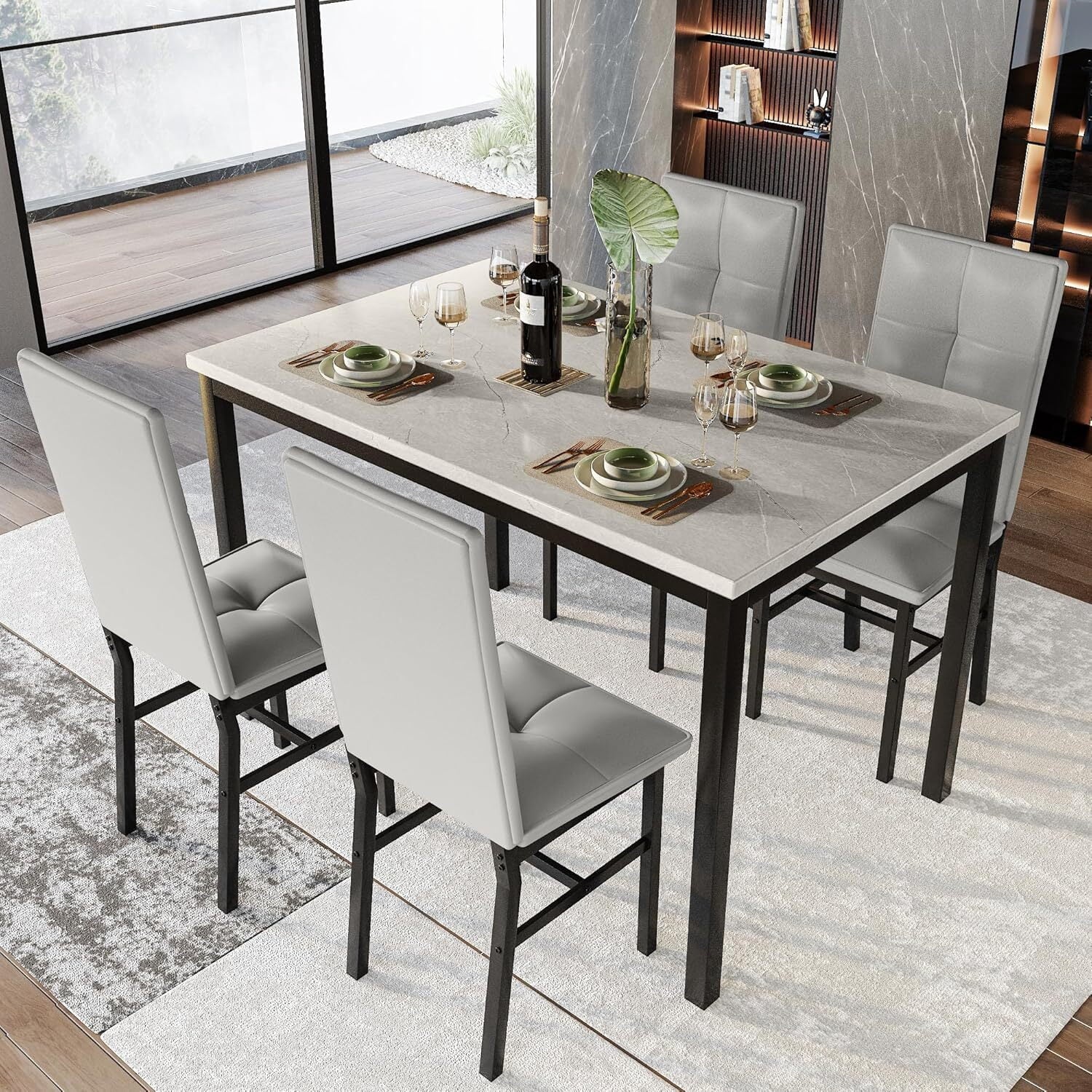 MOOSENG Dining Table Set for 4, Faux Marble Kitchen Table and Chairs Set of 4, 5-Piece Dining Room Set with PU Leather Upholstered Chairs for Small Space, Gray