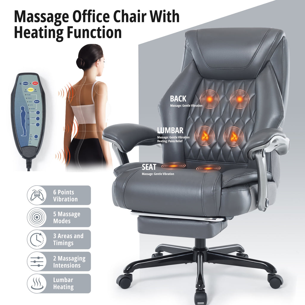 Heated Massage Office Chair with 6 Points Vibration, Reclining Ergonomic Desk Chair with Footrest for Extra Comfort, PU Leather High Back Executive Computer Chair, Thick Padded Massage Chair