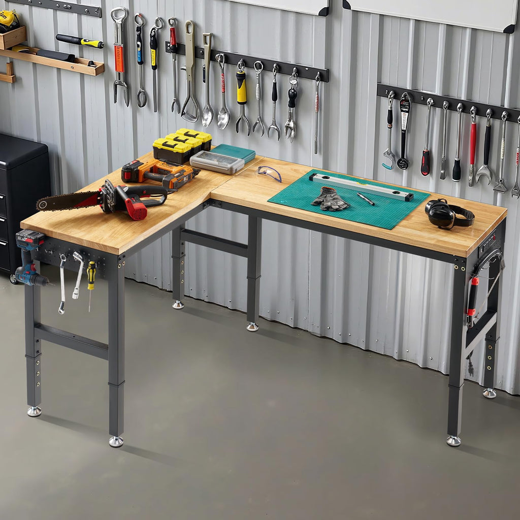 LUXOAK 68x48 L-Shaped Workbench with Power Strip, Adjustable Height Heavy Duty Work Table with Pegboard, 6000Lbs Load Capacity, for Garage