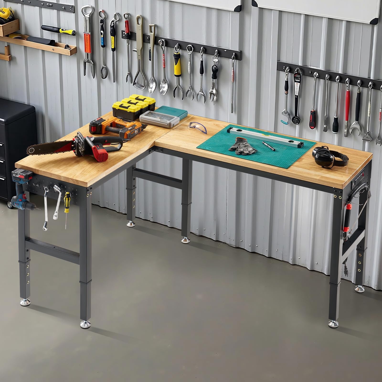 LUXOAK 68x48 L-Shaped Workbench with Power Strip, Adjustable Height Heavy Duty Work Table with Pegboard, 6000Lbs Load Capacity, for Garage