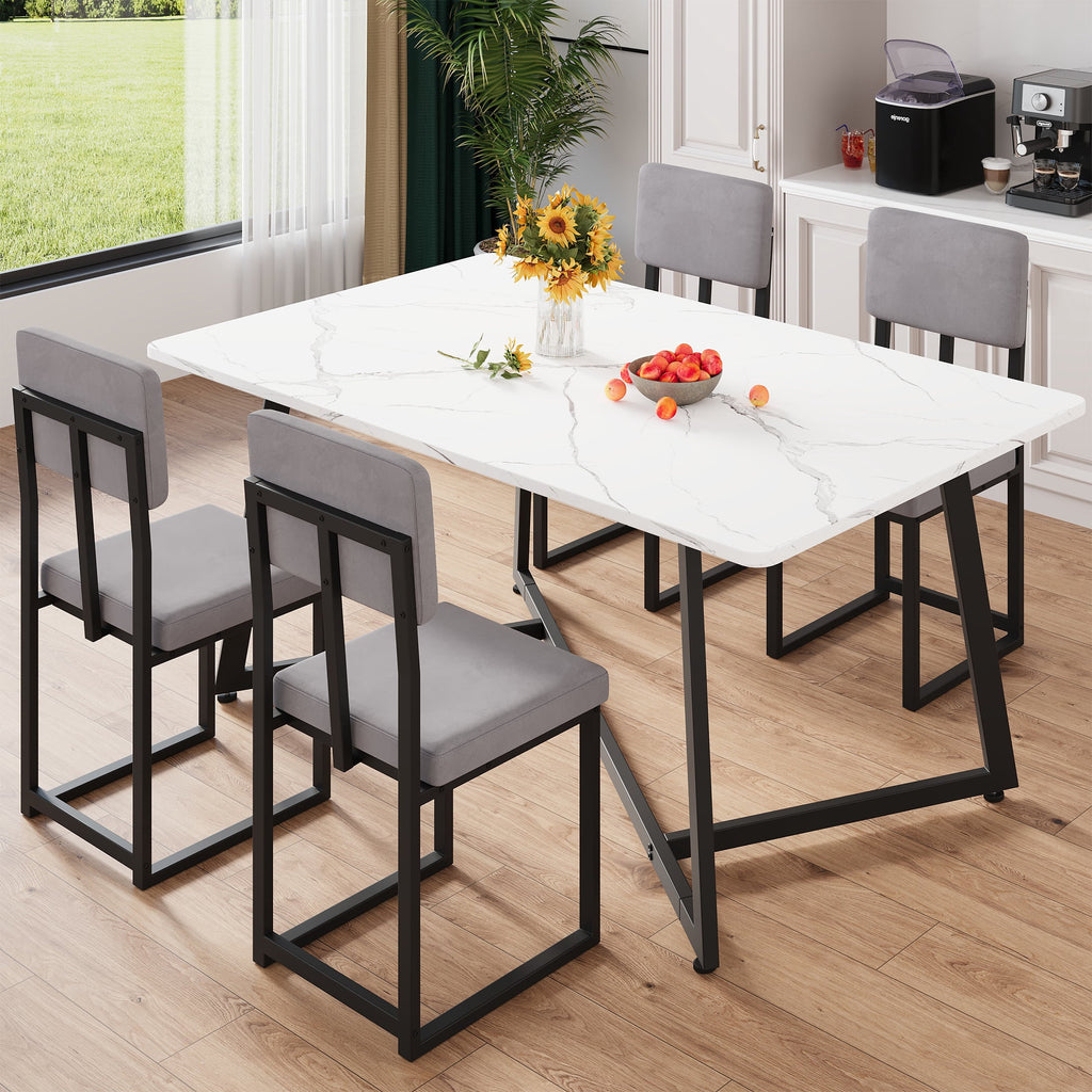 PORKISS 5 Piece Dining Table Set, Modern Faux Marble Tabletop and 4 Linen Upholstered Chairs, Rectangle Kitchen Table and Chairs for 4, White + Gray(Linen)