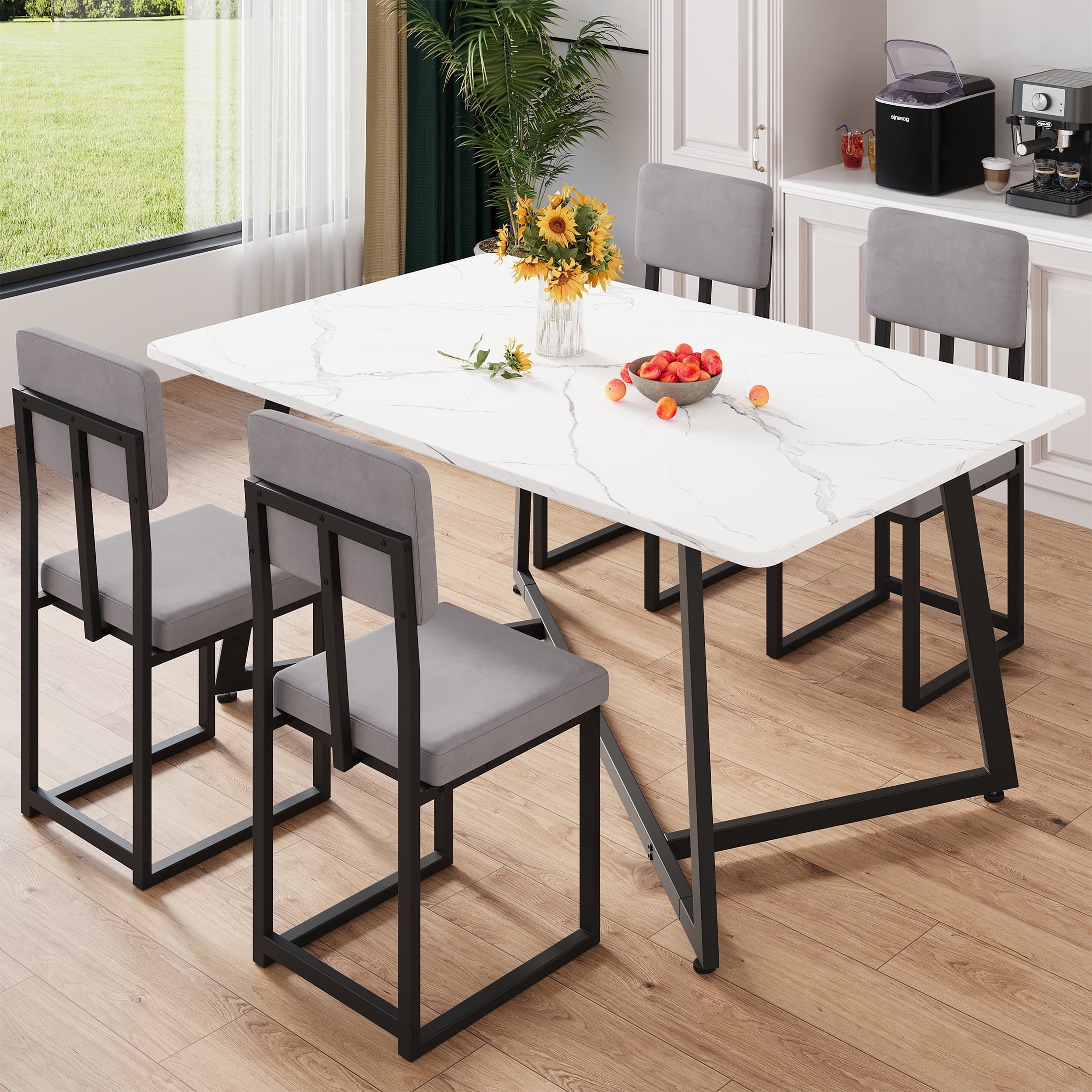 PORKISS 5 Piece Dining Table Set, Modern Faux Marble Tabletop and 4 Linen Upholstered Chairs, Rectangle Kitchen Table and Chairs for 4, White + Gray(Linen)