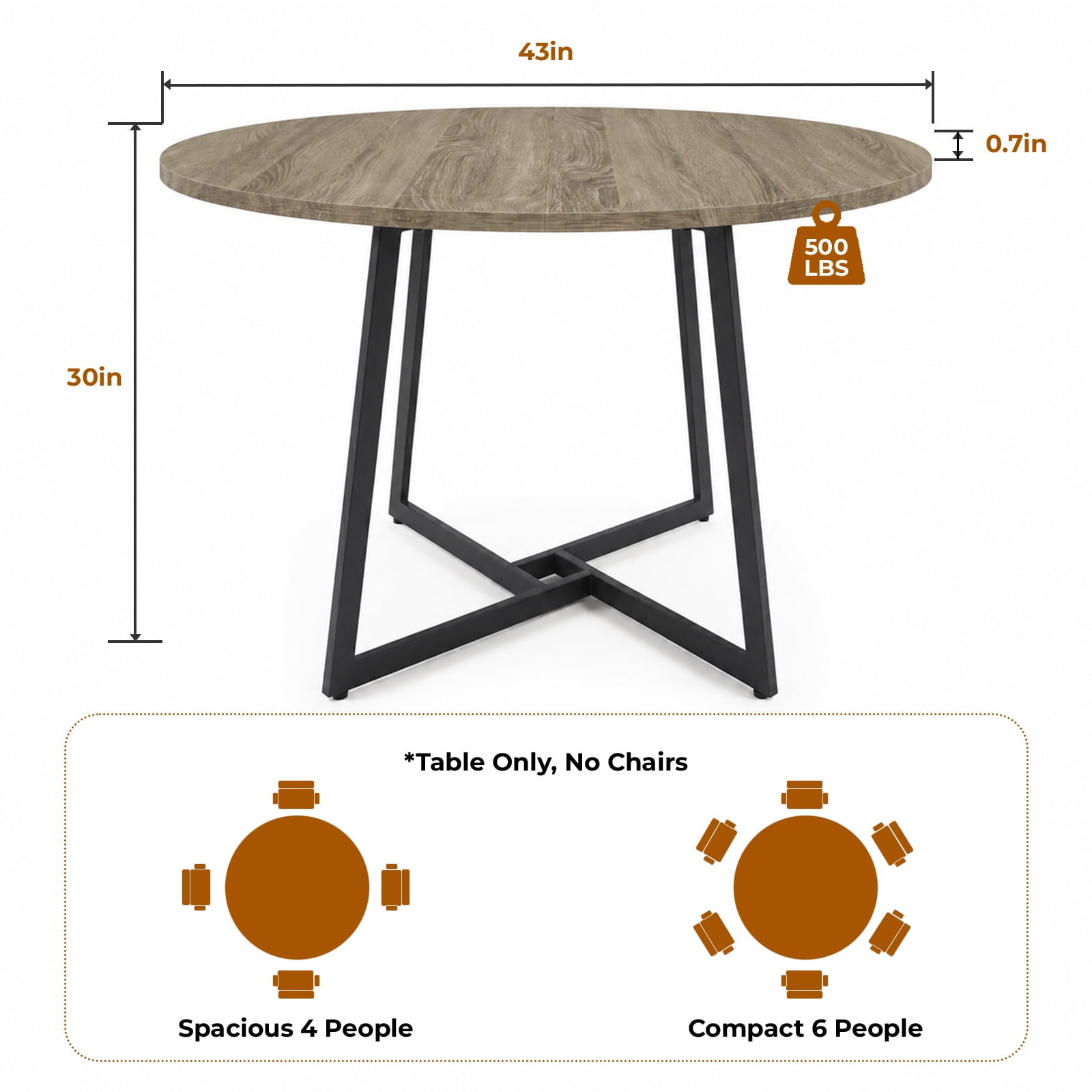 Gasee Dining Table, 43 Round Dining Table, Solid Wood Thickened Table Top Kitchen Dining Table,Dining Table for Dining Room, Home(Only Table),Rustic Brown