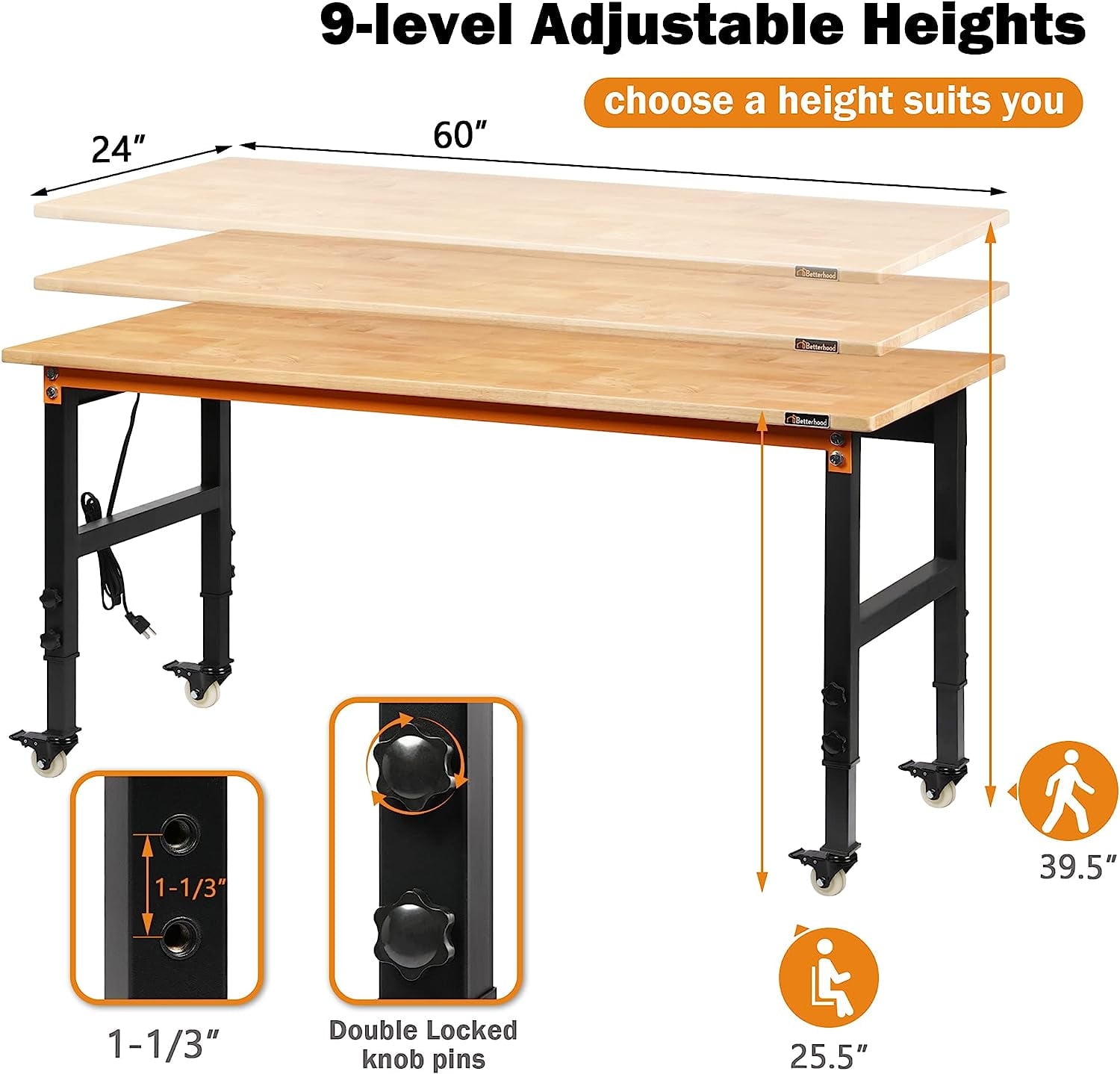 Tolead 60 Heavy-Duty Adjustable Workbench with Power Outlets, Rubber Wood Shop Table, Metal Wheels, Workstation