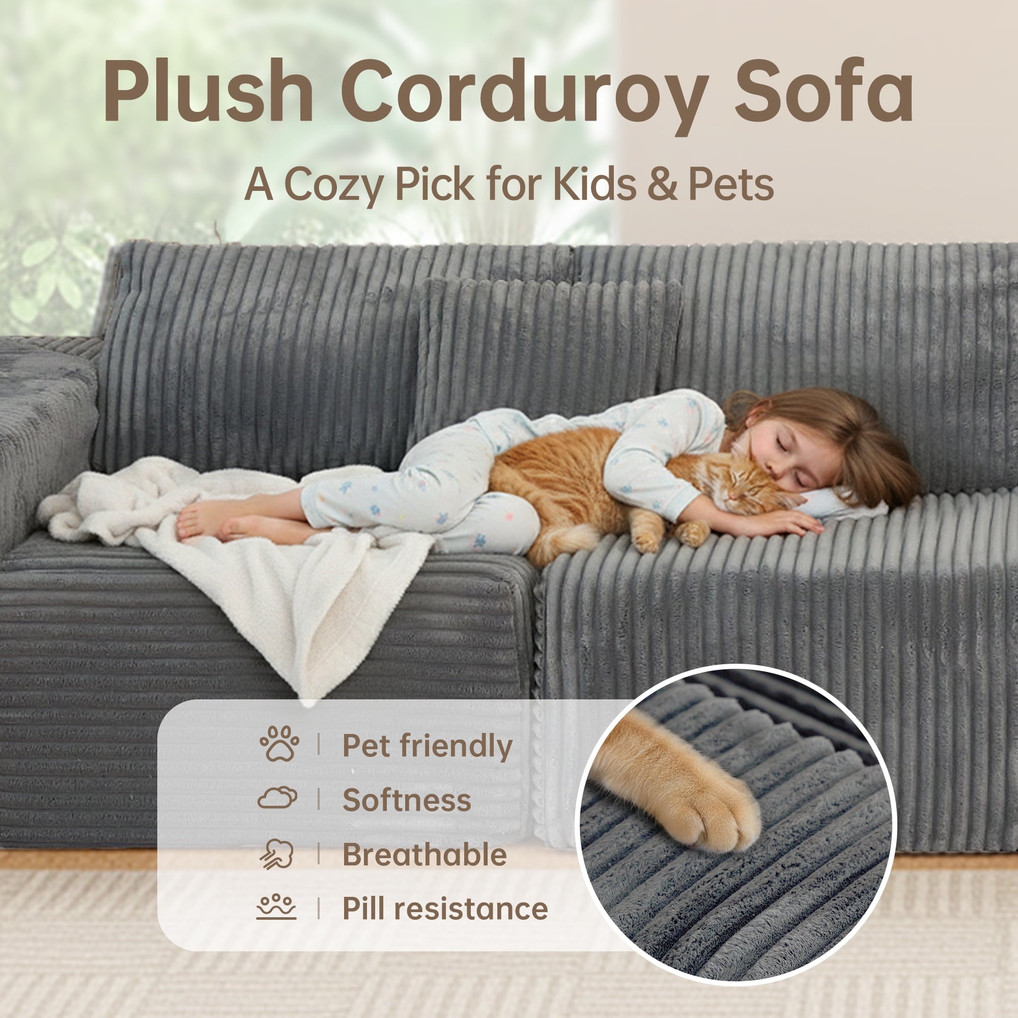 SOULART 138.5 U Shaped Sectional Couch,Gray Cloud Boneless Sofa For Living Room,Plush Corduroy Couches With Deep Seat Chaise Lounge,No Assembly Required
