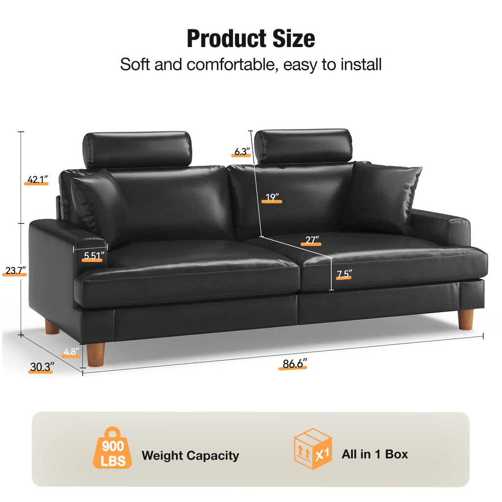 87 Sofa Premium PU Leather Couch with Headrest, Comfy 27 Extra Deep Seat 3 Seater Sofa for Living Room, Includes 2 Pillows, Black