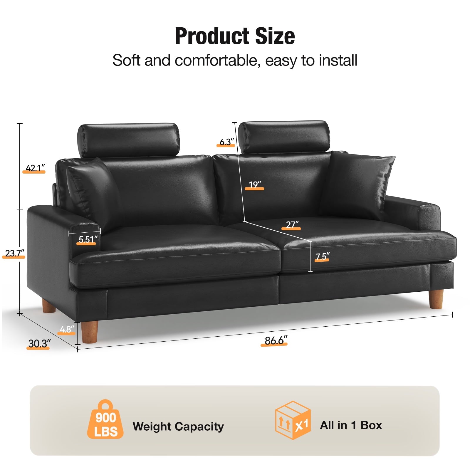 87 Sofa Premium PU Leather Couch with Headrest, Comfy 27 Extra Deep Seat 3 Seater Sofa for Living Room, Includes 2 Pillows, Black