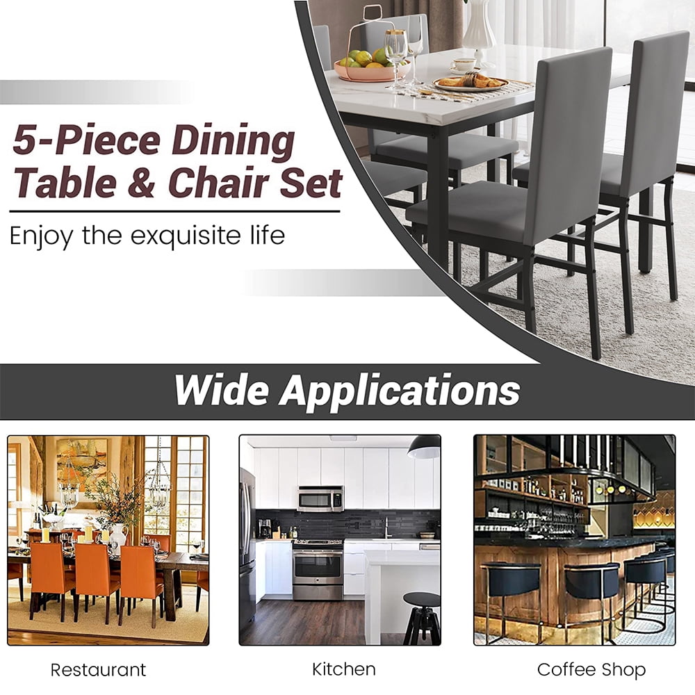 5 Piece Dining Table Set, Modern Faux Marble Tabletop and 4 PU Leather Upholstered Chairs, Rectangle Kitchen Table and Chairs for 4 Persons, Small Dining Set for Bar Dining Room Breakfast Nook