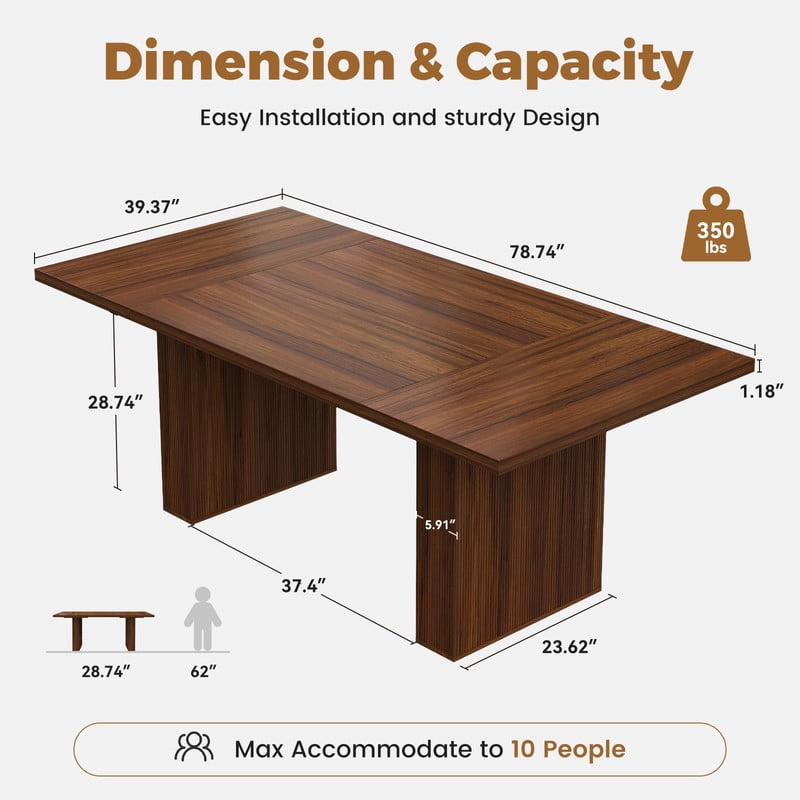 Hawsaiy 78 Rectangular Farmhouse Dining Table for 6–8, Large Kitchen Table with Grooved Wood Base, Thick Waterproof Top for Dining Room, Walnut