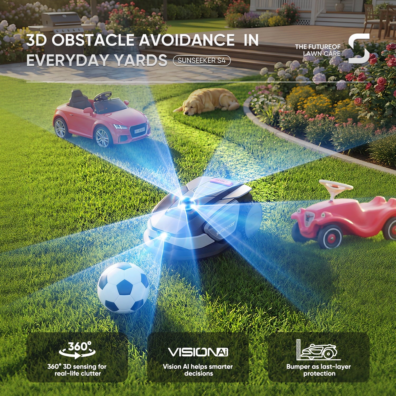 Sunseeker S4 LiDAR Robot Lawn Mower for Up to 0.25 Acre (1000 m²), Vision AI + 360° 3D LiDAR Navigation, Wire-Free Virtual Boundary, Systematic Cutting, 42% Slope, App Control, 60 dB Quiet Mowing