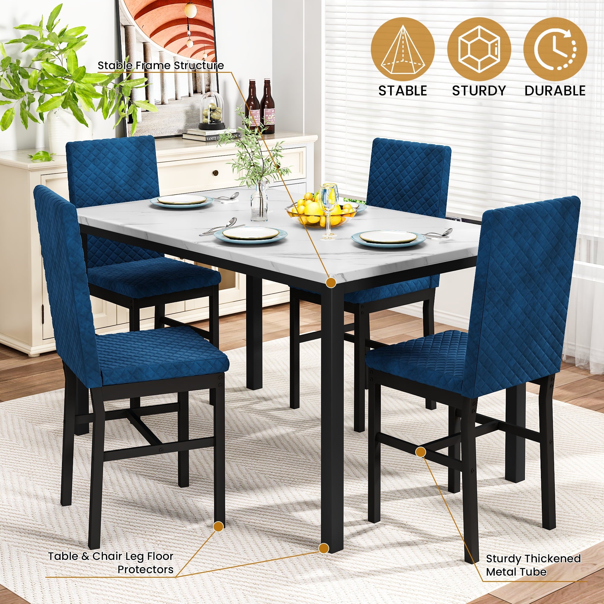 Cvortll 5 Piece Dining Table Set, Kitchen Table and Chairs Set for 4 with Faux Marble and 4 Velvet Upholstered Dining Chairs for Home, Restaurant, Black & Black