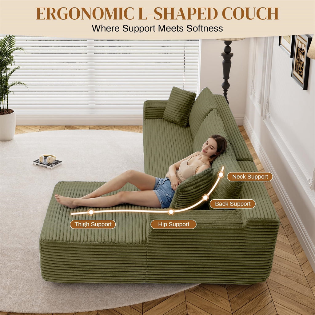 Aukfa 95 Cloud Sectional Sofa Deep Seat Boneless Couch Modular L-Shaped Couch, Left Chaise Corduroy Sofa for Living Room, Black
