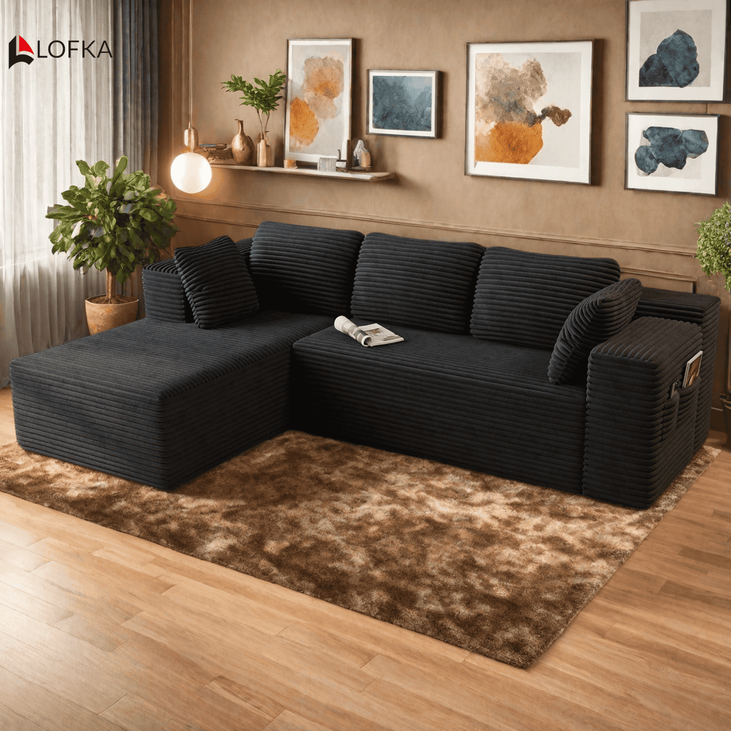Sofa, Lofka 105 Free Assembly L-Shaped Sectional with Pet Friendly Corduroy Fabric, Black for Living Room/Apartment