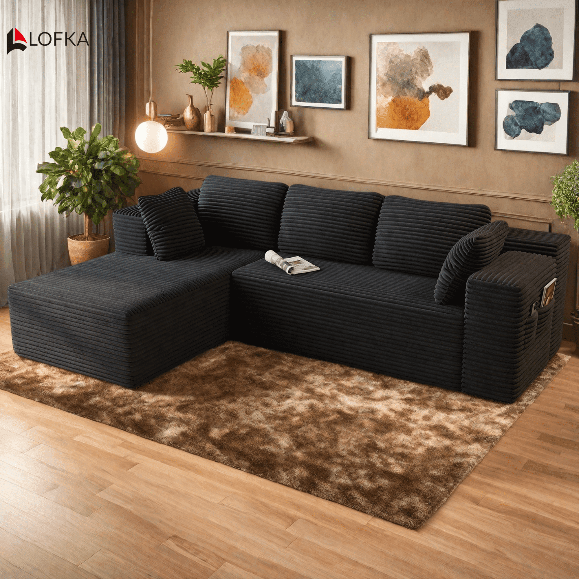 Sofa, Lofka 105 Free Assembly L-Shaped Sectional with Pet Friendly Corduroy Fabric, Black for Living Room/Apartment