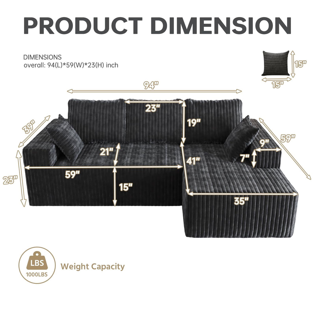 YVDNHP Modular Cloud Sofa - No Assembly Required, 107.8 Oversized L-Shaped Sectional with Chaise, Flannel Fabric Deep Seating Couch for Living Room