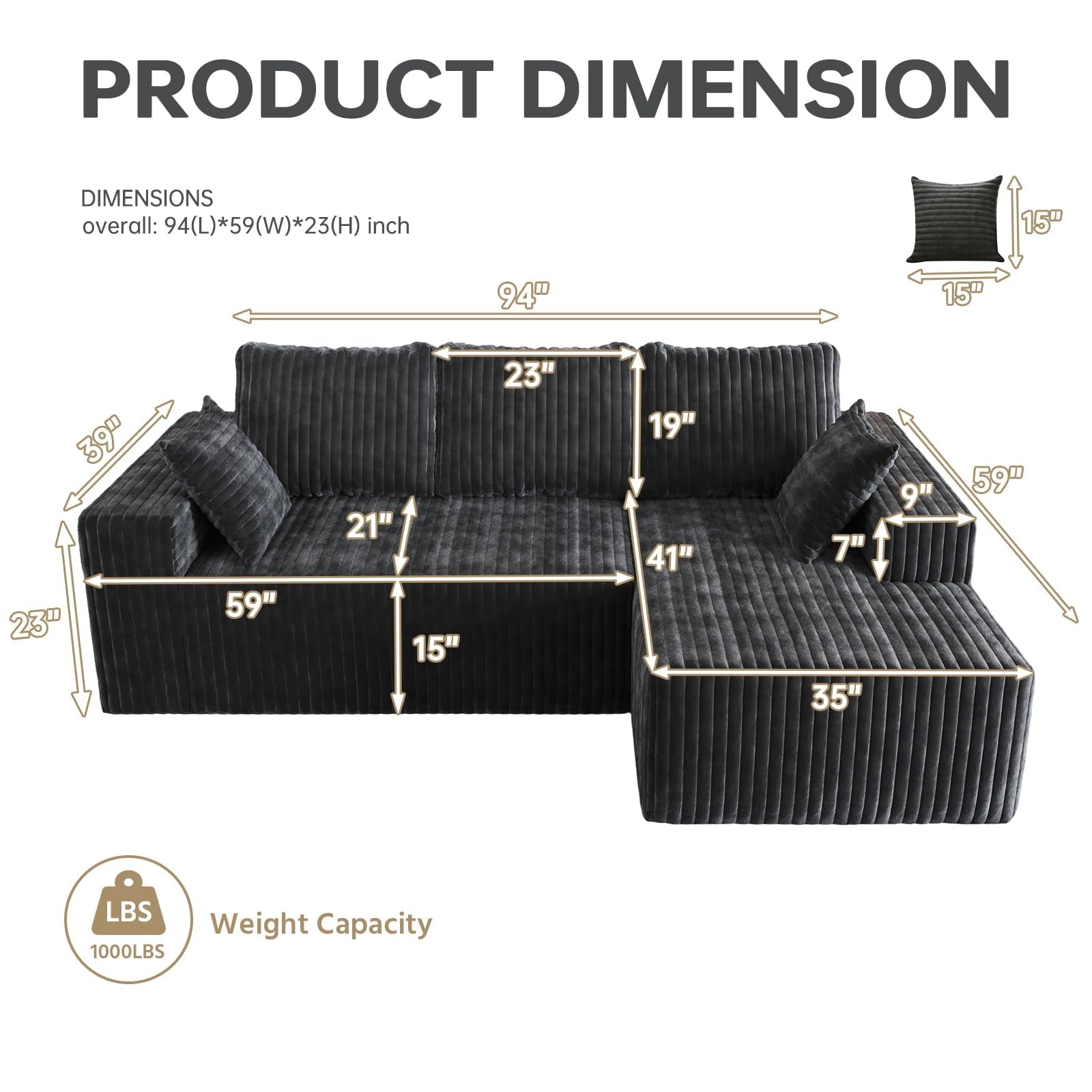 YVDNHP Modular Cloud Sofa - No Assembly Required, 107.8 Oversized L-Shaped Sectional with Chaise, Flannel Fabric Deep Seating Couch for Living Room