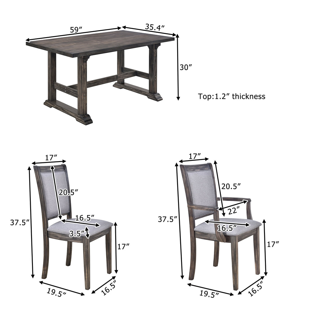 Harper & Bright Designs 7 Pieces Retro Dining Set for 6, Wood Rectangular Table with Designed Trestle Base and 6 Upholstered Chairs for Dining Room and Kitchen, Grey
