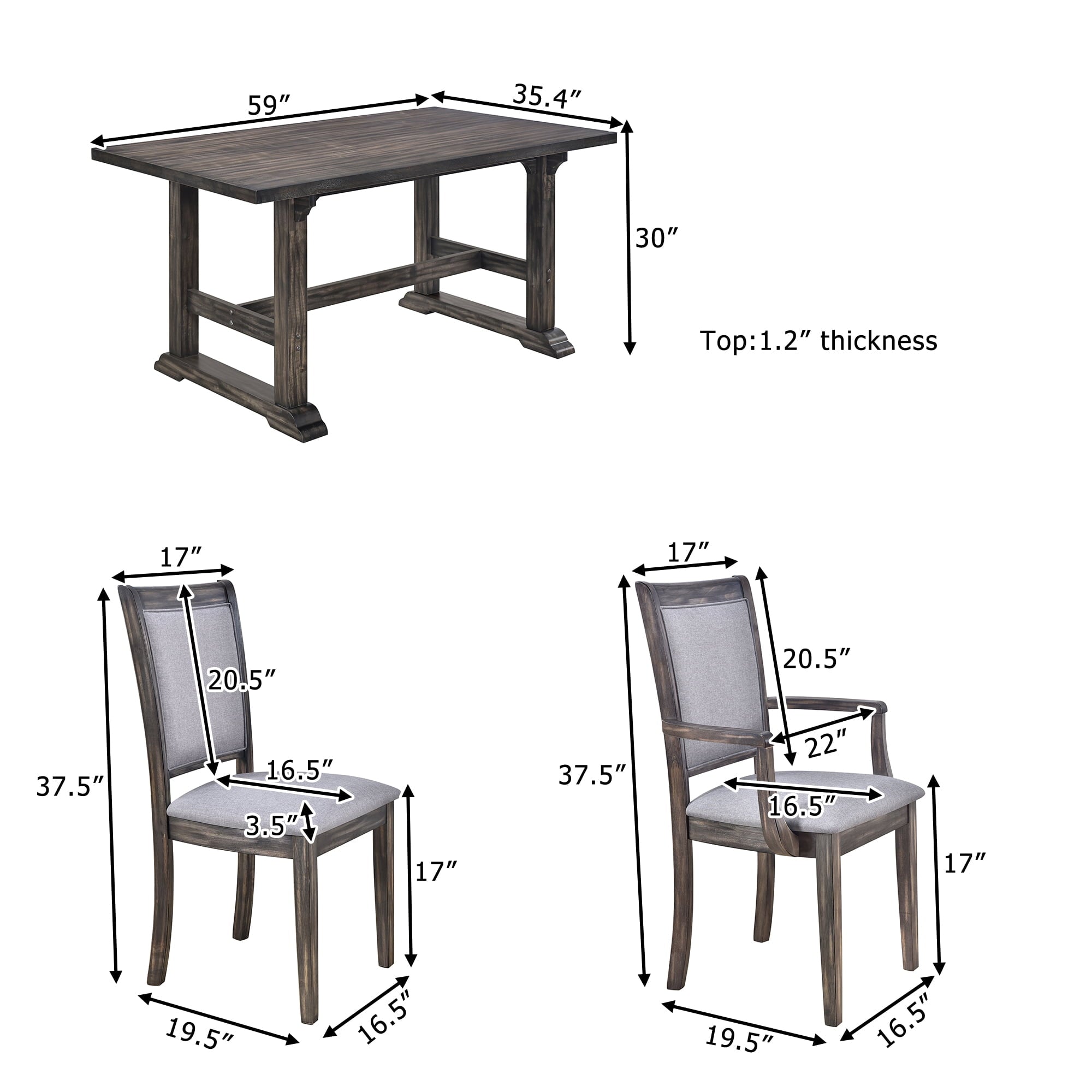 Harper & Bright Designs 7 Pieces Retro Dining Set for 6, Wood Rectangular Table with Designed Trestle Base and 6 Upholstered Chairs for Dining Room and Kitchen, Grey