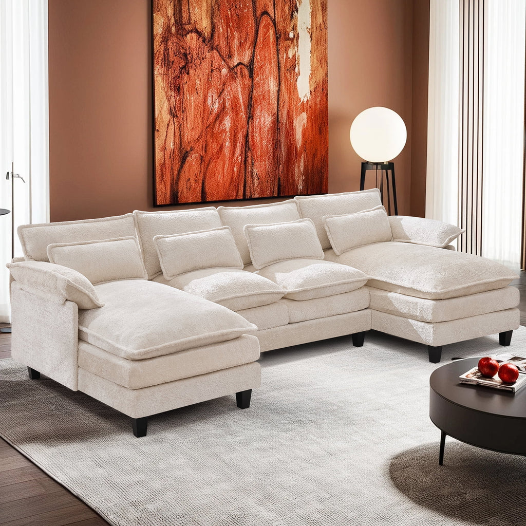 JONPONY109.45 U Shaped Couch,Oversized 4 Seat Sectional with 4 Waist Pillows, Convertible Upholstery Symmetrical Sofá,Sleeper Sofa Couch with Double Chaise Lounge &Memory Foam for Living Room, Beige
