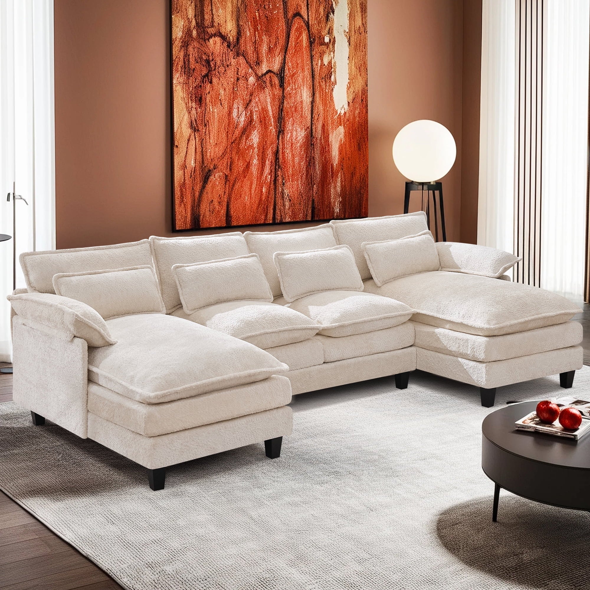 JONPONY109.45 U Shaped Couch,Oversized 4 Seat Sectional with 4 Waist Pillows, Convertible Upholstery Symmetrical Sofá,Sleeper Sofa Couch with Double Chaise Lounge &Memory Foam for Living Room, Beige