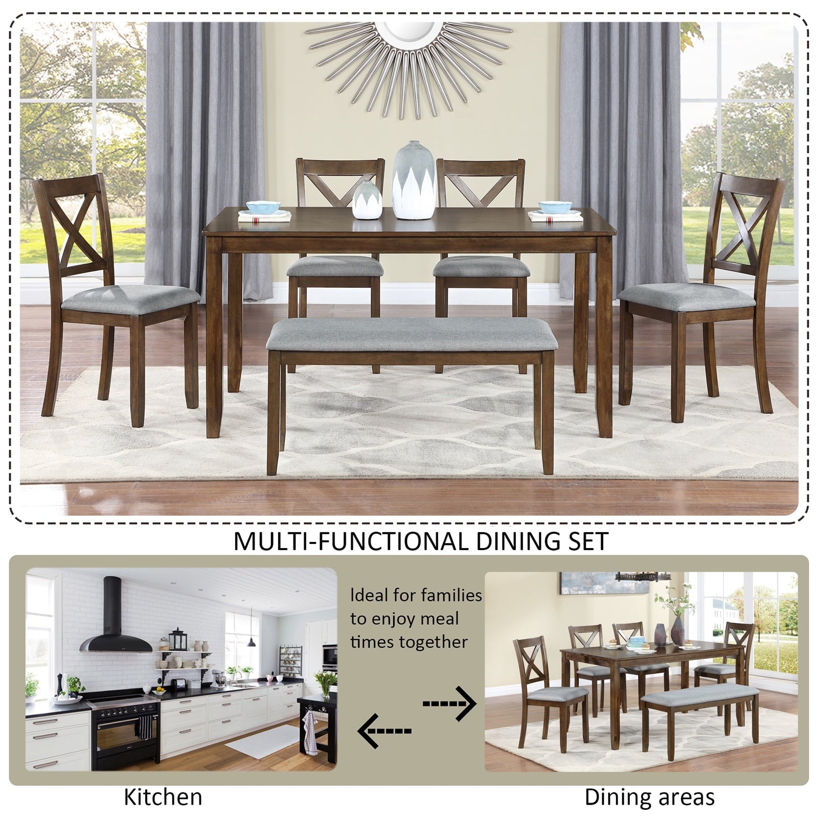 Dining Room Set, LEGAHOME 6 Piece Dining Sets with Bench and Chairs, Solid Wood Kitchen Dining Table Set for 6 with Upholstered Chairs, Gray