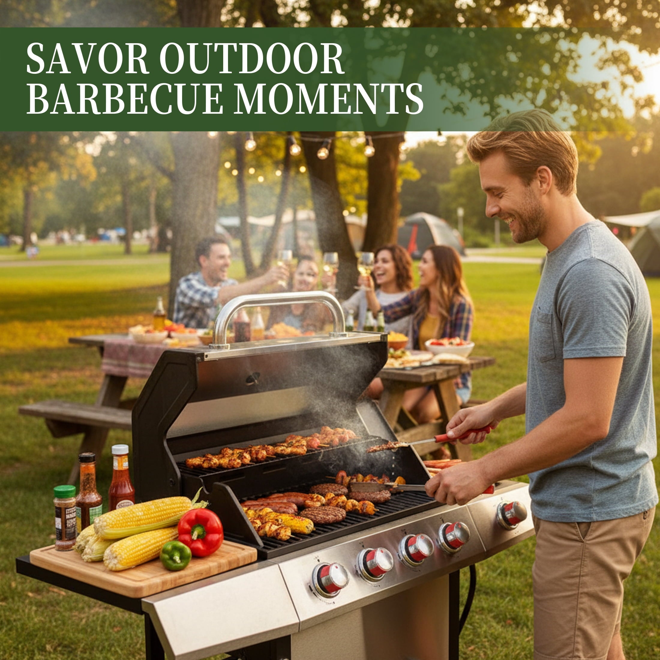 4 Burner Propane Gas Grill Combo w/Side Burner, 3-in-1 BBQ Grill with Charcoal Smoker & Griddle Plate, 46,750 BTU, 448 Sq.In. Stainless Steel Outdoor Cooking Station