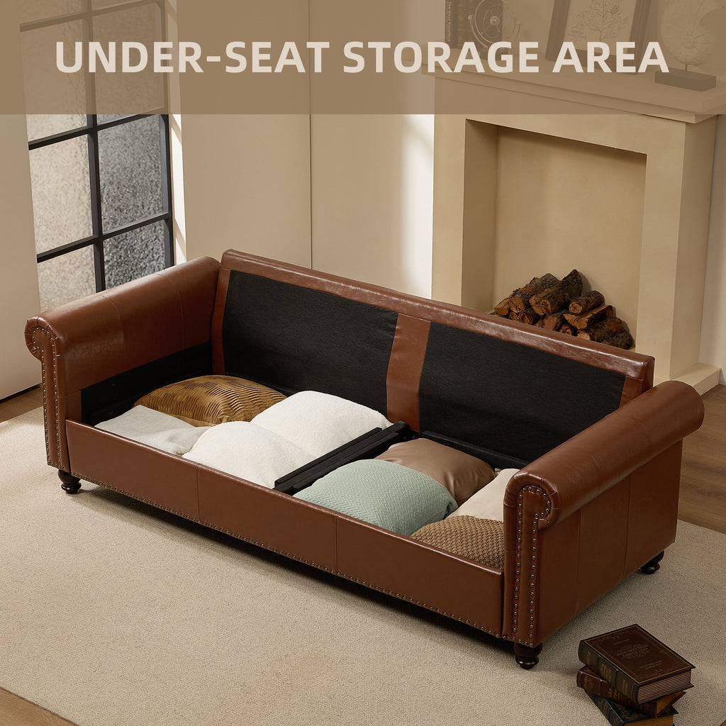 Me'on 80'' Faux Leather Sofa with Storage Seats, Classic 3-Seater Couch with Nailhead Trim, Easy Assembly, Dark Brown