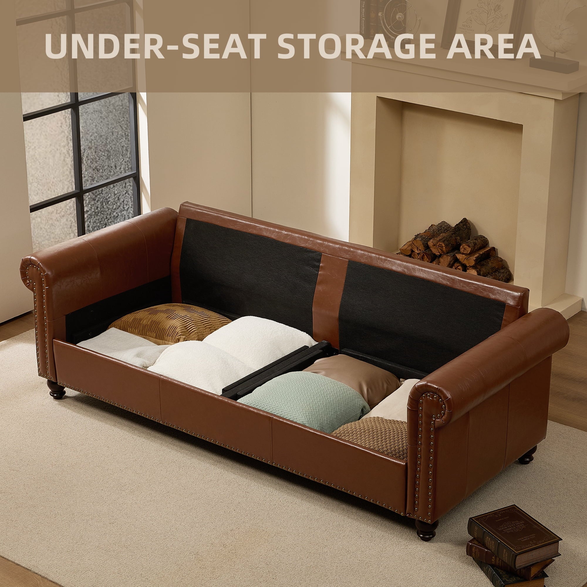 Me'on 80'' Faux Leather Sofa with Storage Seats, Classic 3-Seater Couch with Nailhead Trim, Easy Assembly, Dark Brown