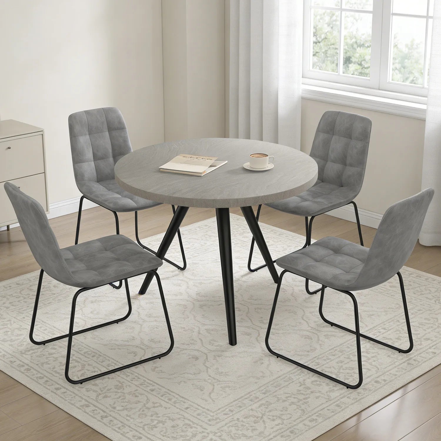 34.8 Round Dining Table for 4 People, Modern Circle Kitchen Table with Metal Legs for Kitchen, Dining Room, Apartment,Gray