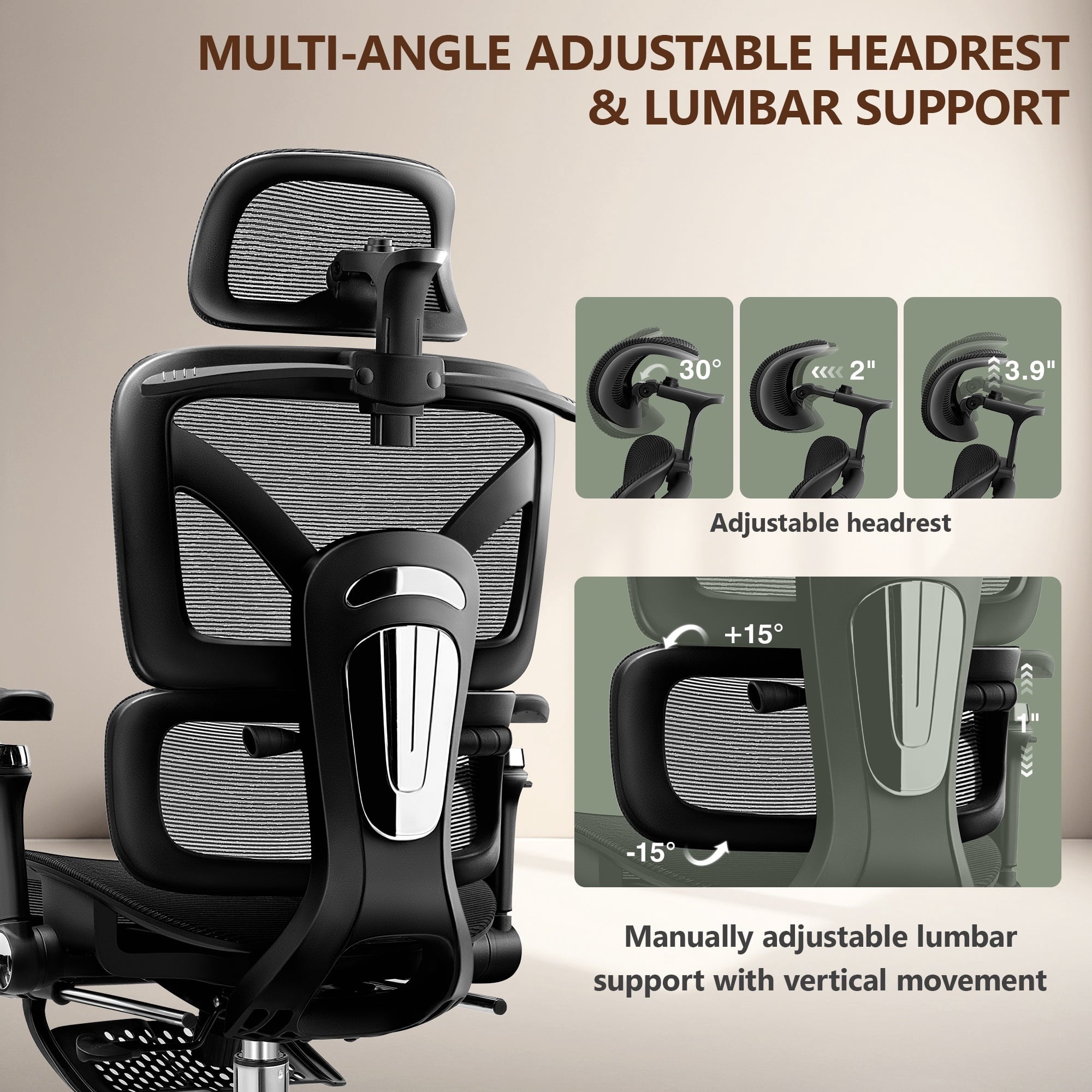 COOLHUT Ergonomic Mesh Office Chair with Footrest, Big and Tall Computer Desk Chair with Adjustable Lumbar Support, Headrest and Armrest, High Back Home Office Chair for Workspace, 300LBS, Black