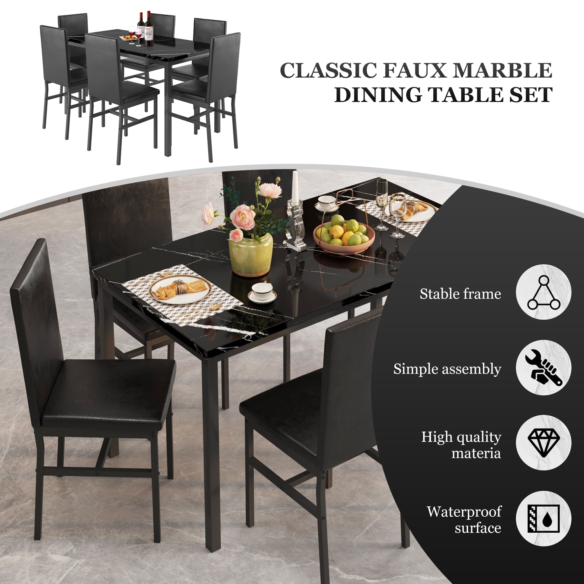 SYNGAR 5 Piece Dining Set, Modern Dining Table and Chairs Set for 4, Kitchen Dining Table Set with Faux Marble Tabletop & 4 Upholstered Chairs, for Small Space, Breakfast Nook, D9224