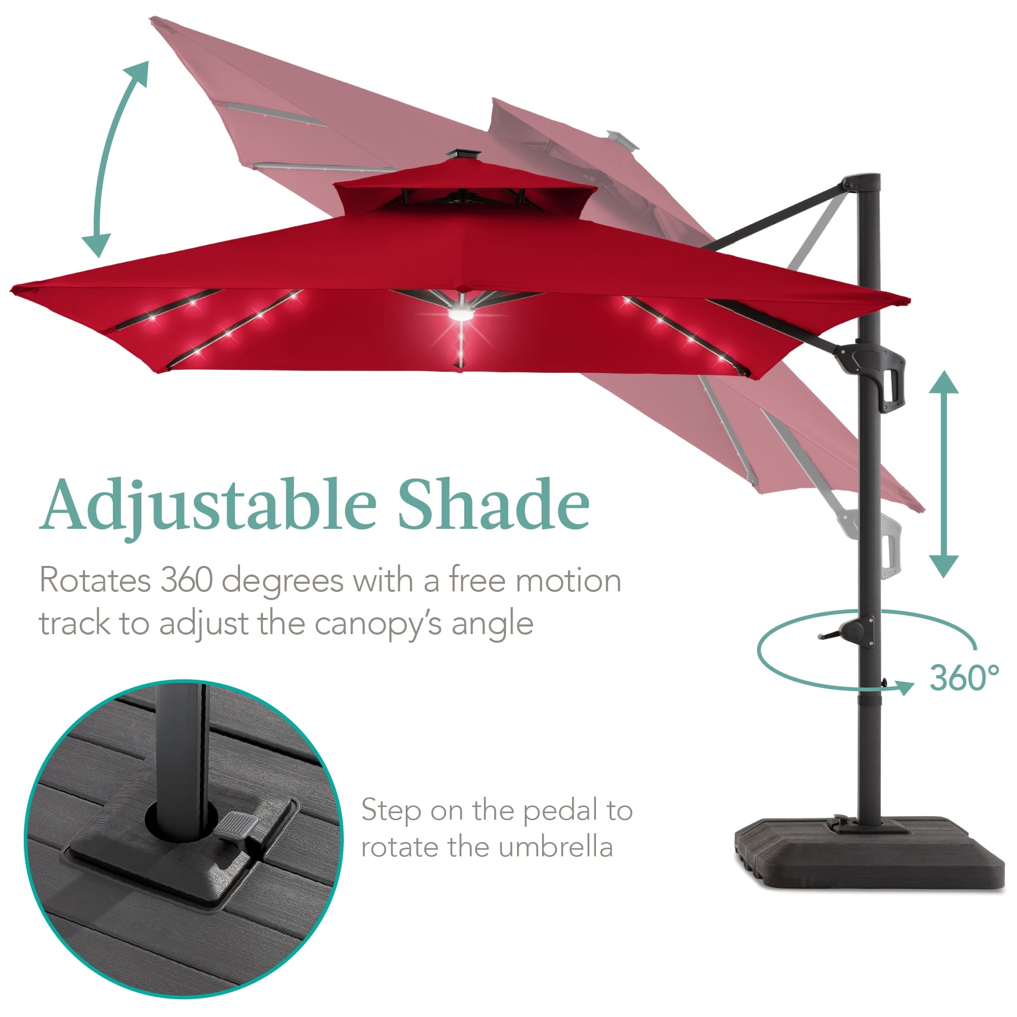Best Choice Products 10x10ft 2-Tier Square Outdoor Solar LED Cantilever Patio Umbrella w/ Base Included - Tan