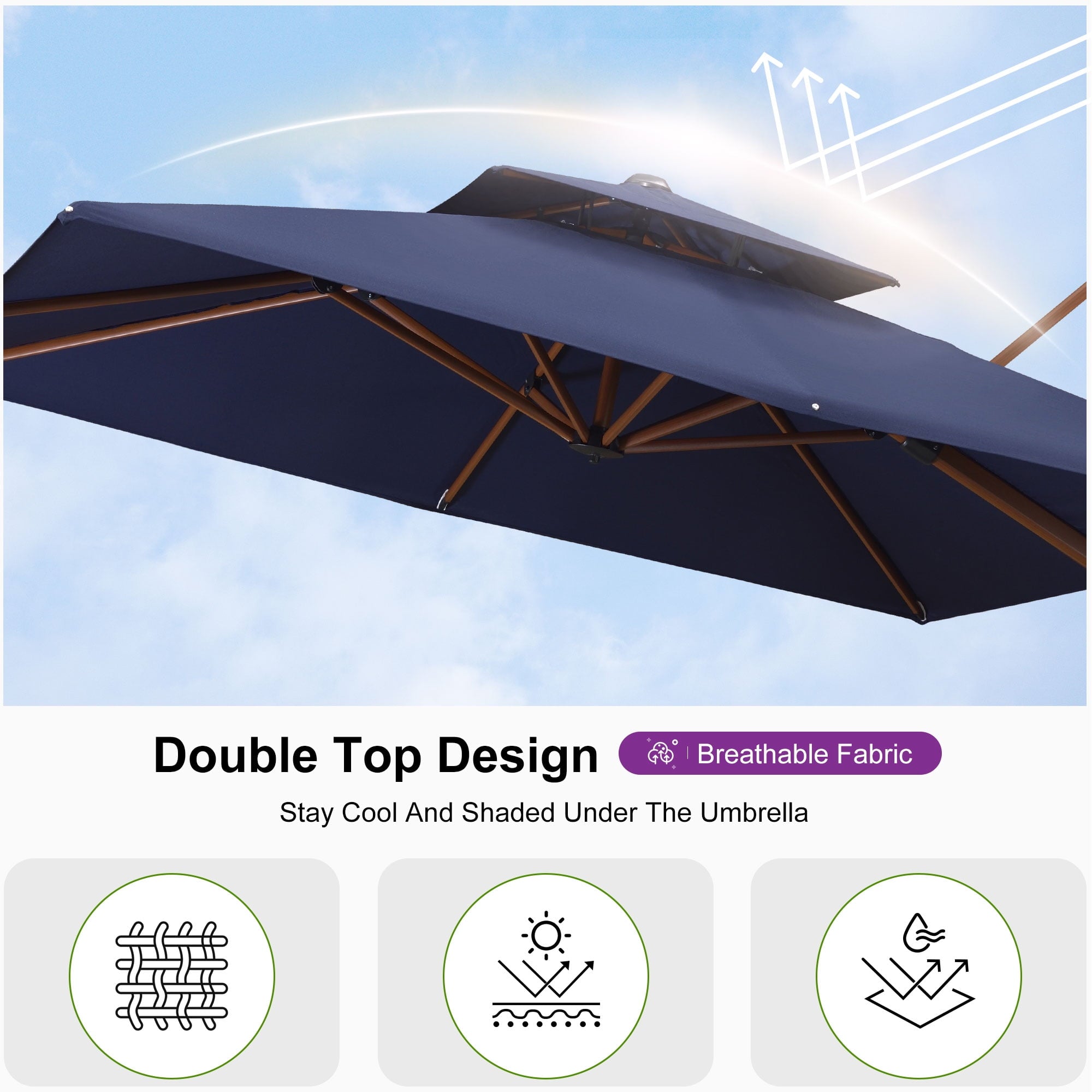 PURPLE LEAF 10FT Deluxe Square Wood Grain Patio Umbrella, Large Offset Cantilever Umbrella with 360° Rotation, Beige
