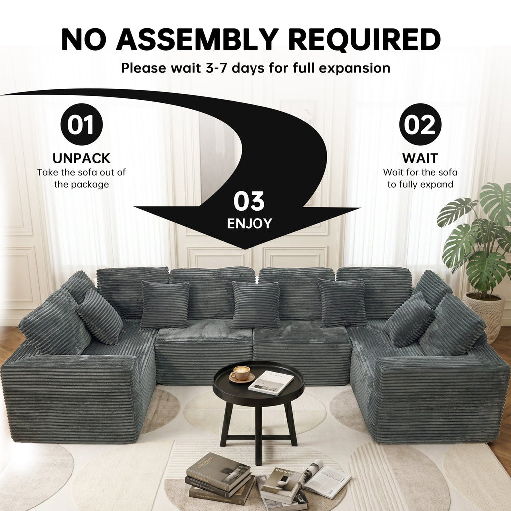 SOULART 138.5 U Shaped Sectional Couch,Gray Cloud Boneless Sofa For Living Room,Plush Corduroy Couches With Deep Seat Chaise Lounge,No Assembly Required