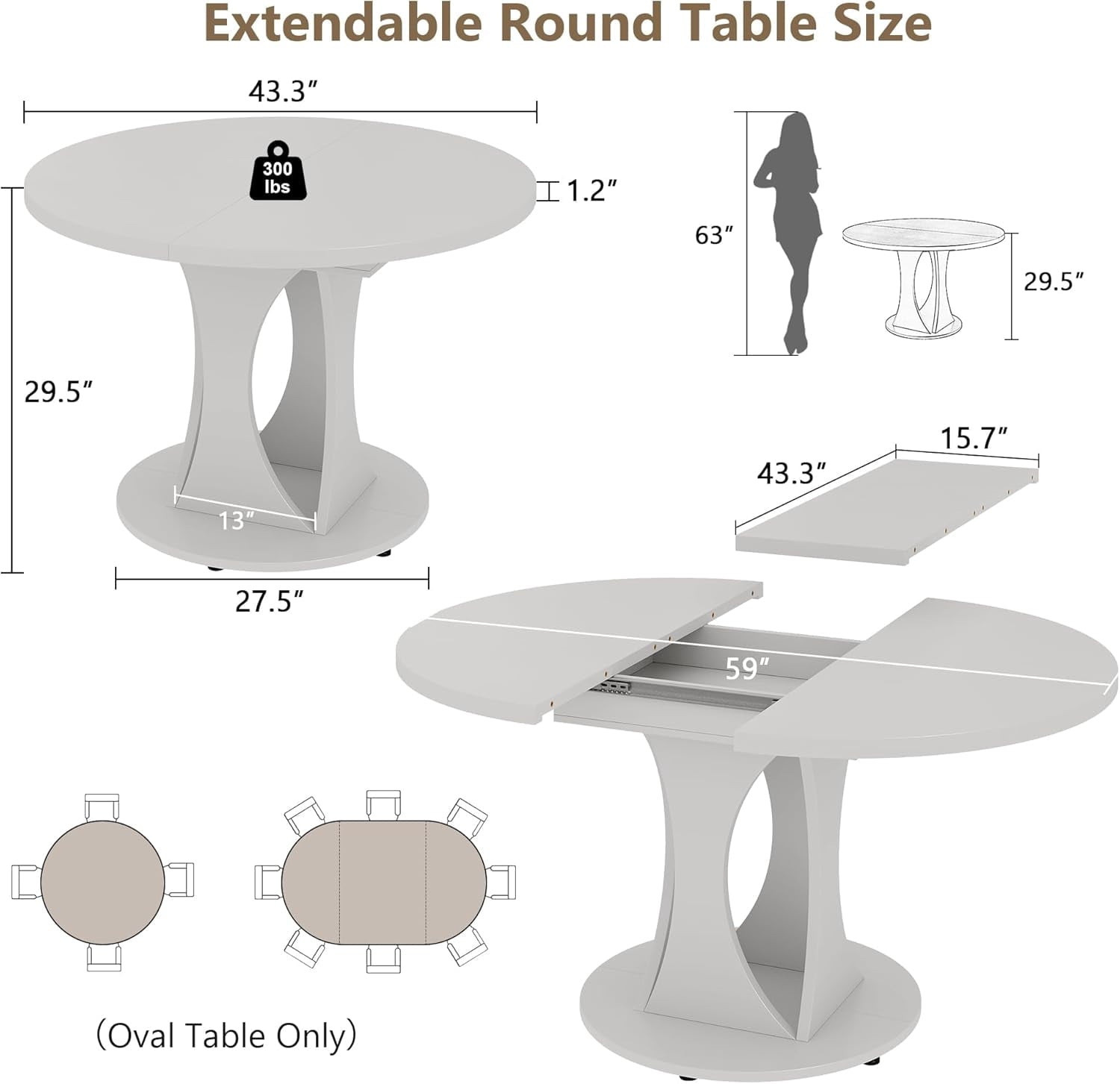 Virans 43.3-59 Extendable Round Dining Table for 6-8,Kitchen Table with MDF,Modern Dinner Table for Dining Rooms,Living Rooms,Walnut