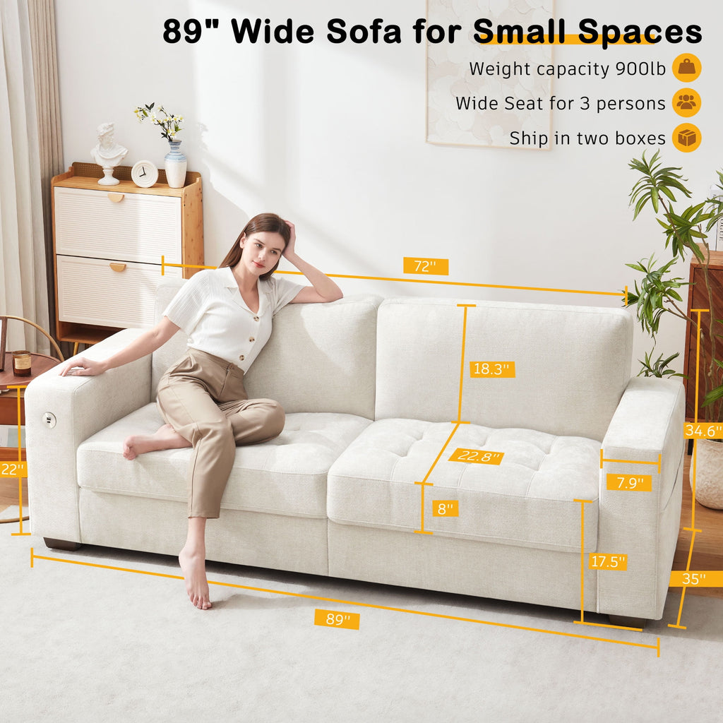 Bedluxury 89 Deep Sofa Couch with USB/Type-C Charging, Storage Pocket & Wide Armrest, Removable Cover, Seats 3 Adults, Chenille Beige