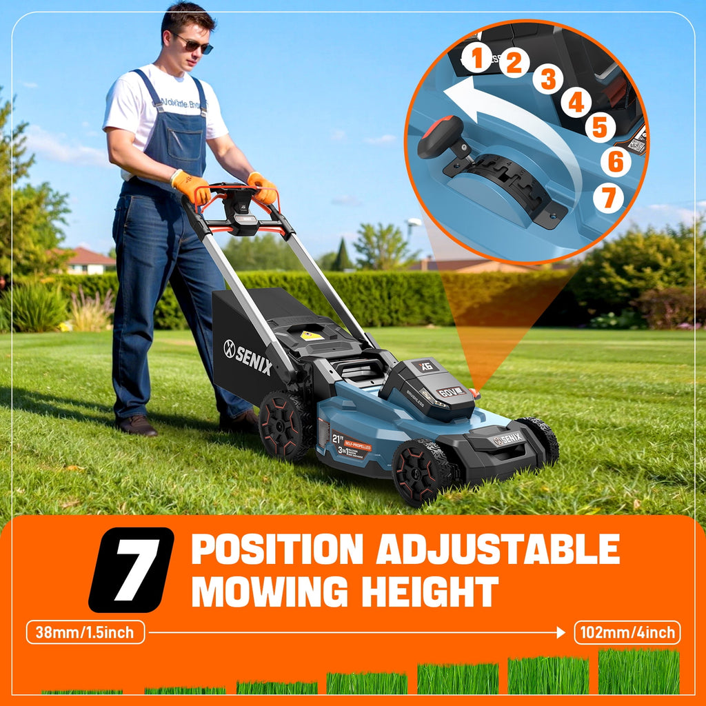 SENIX X6 60V 21 Self Propelled Lawn Mower , 8Ah Battery & Rapid 8A Charger, 3-in-1 Brushless, Smart LED Display, 7-Height Adjustment, 3-Mode, Variable Speed Push Mower