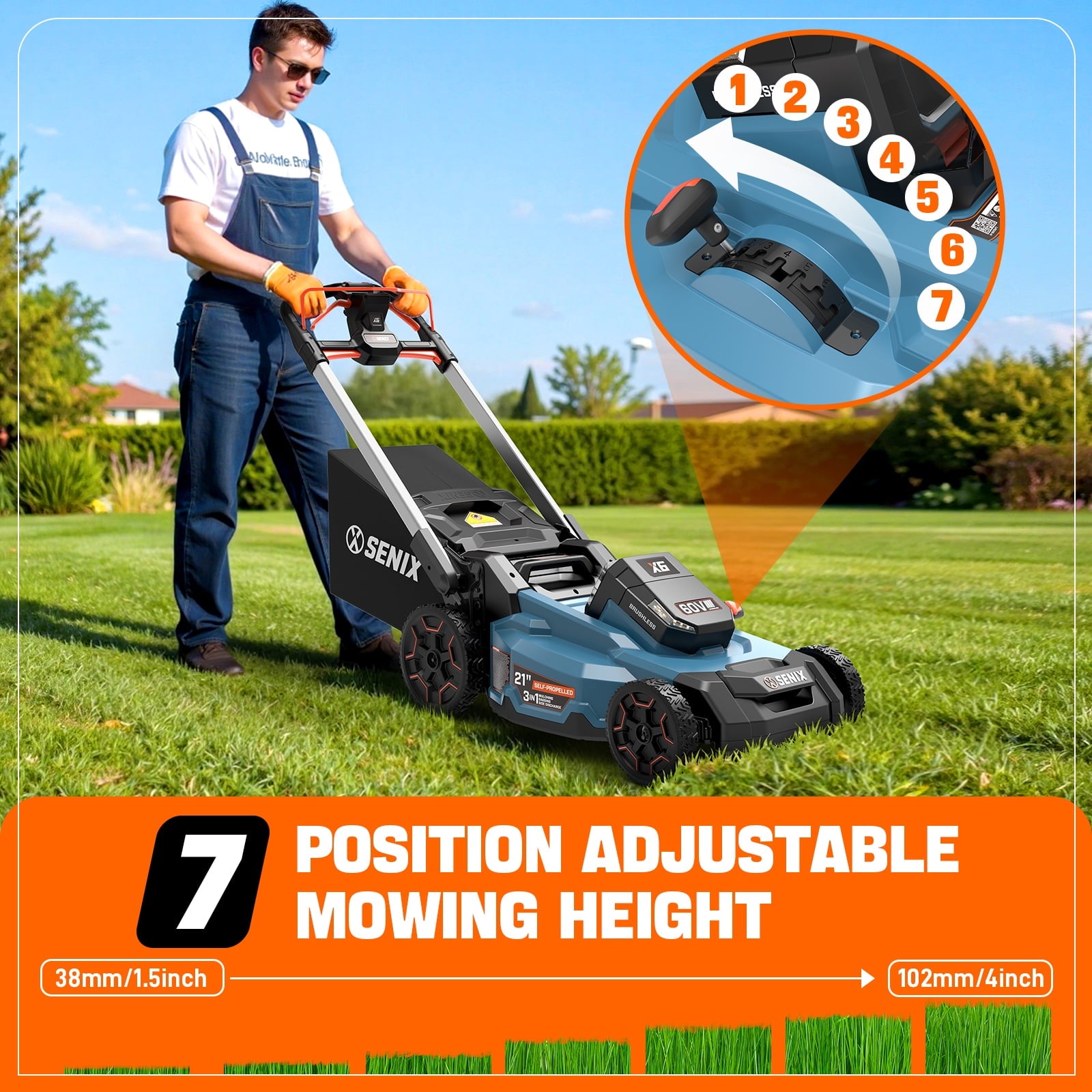 SENIX X6 60V 21 Self Propelled Lawn Mower , 8Ah Battery & Rapid 8A Charger, 3-in-1 Brushless, Smart LED Display, 7-Height Adjustment, 3-Mode, Variable Speed Push Mower