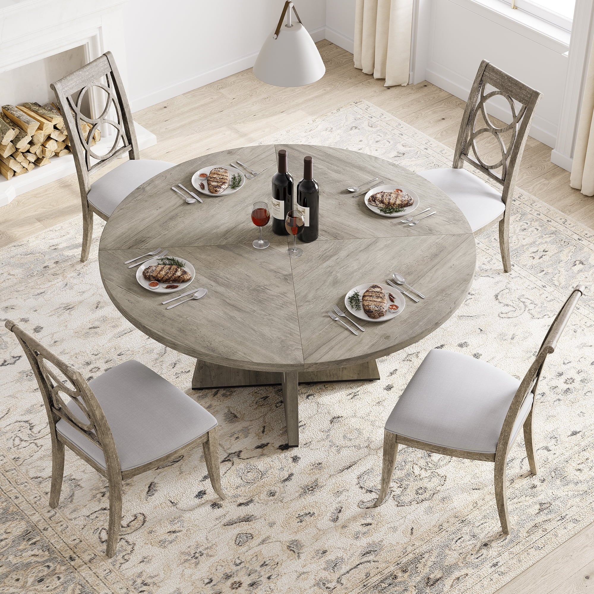 47'' Round Large Dining Table Set for 4 to 6,Mid Century Wood Dinner Table with Wide Tabletop and Cross Base,Dining Room Table for Home Dining Room or Living Room (No Chairs)