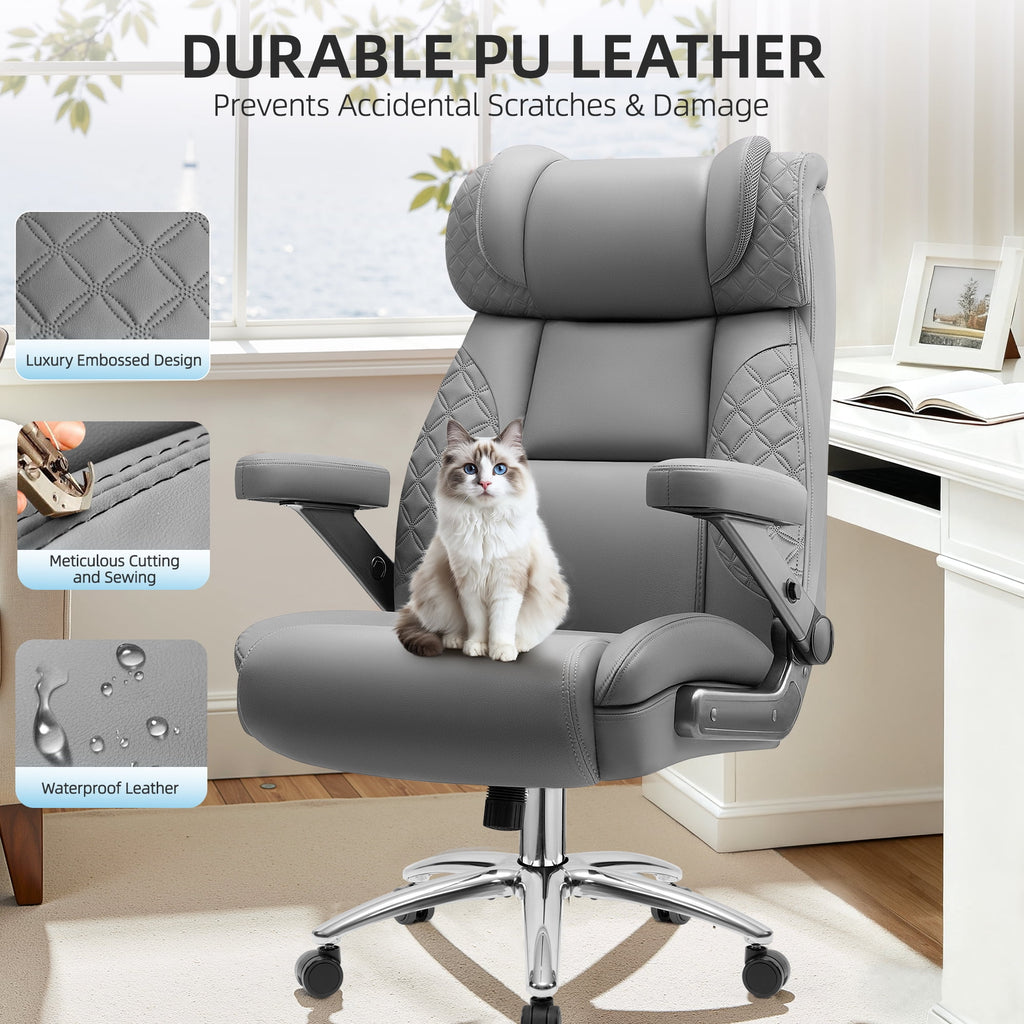 FASTES Leather Office Chair Big and Tall Desk Office Chair, 500lbs Computer Chair Ergonomic Extra Wide Gaming Chair with Adjustable Lumbar Support 5D Flip Arms, Black