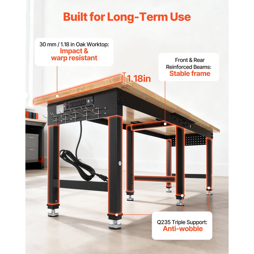 KFFKFF Adjustable Workbench with 5000 lbs Capacity, 72 x 24 Inch Oak Wood Top, Workstation Featuring 4 AC Outlets & 2 USB Ports, Durable Hardwood Table for Garage, Workshop, Home, Office