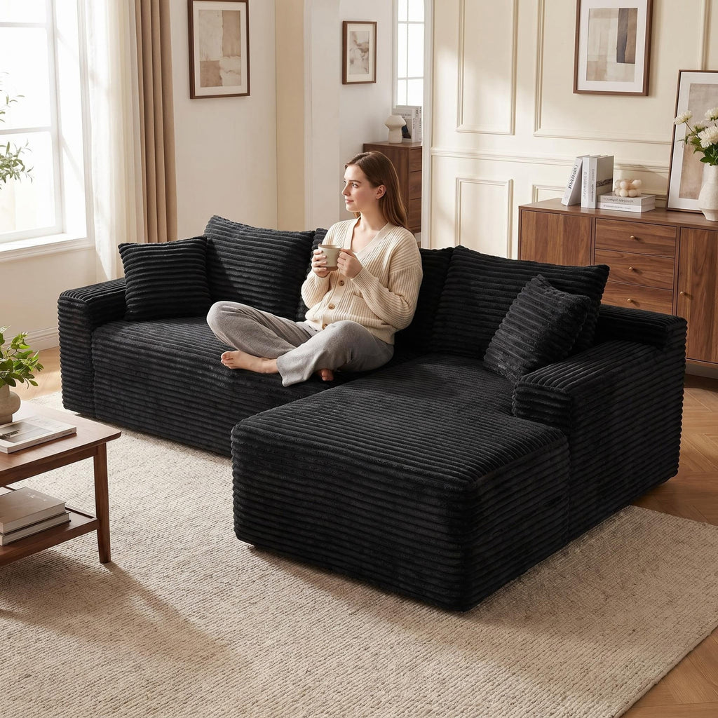 LLappuil 108 Sectional Sofa, Modular Sectional Couch with Left Chaise, Deep Seat Corduroy Cloud Sofa for Living Room Black