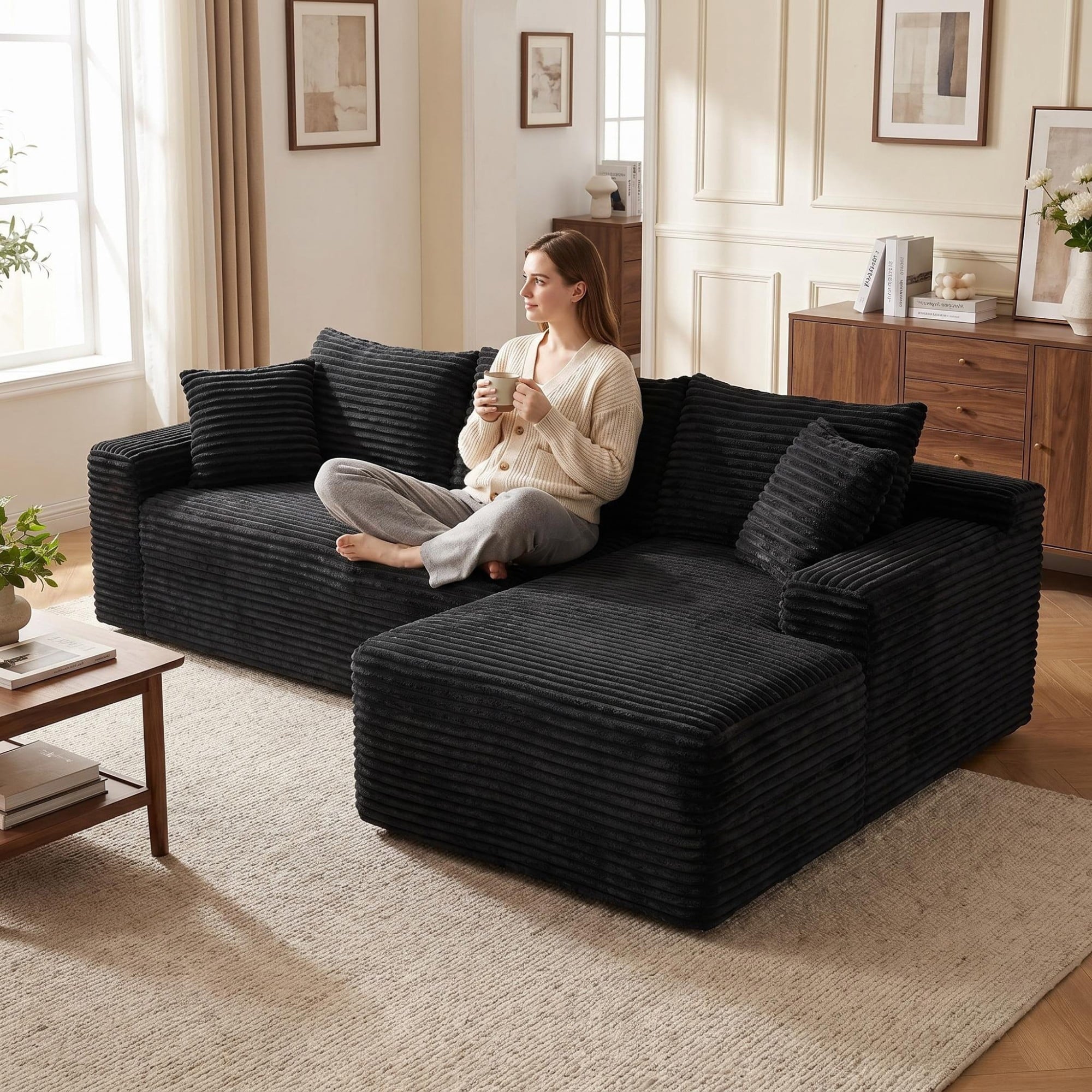 LLappuil 108 Sectional Sofa, Modular Sectional Couch with Left Chaise, Deep Seat Corduroy Cloud Sofa for Living Room Black