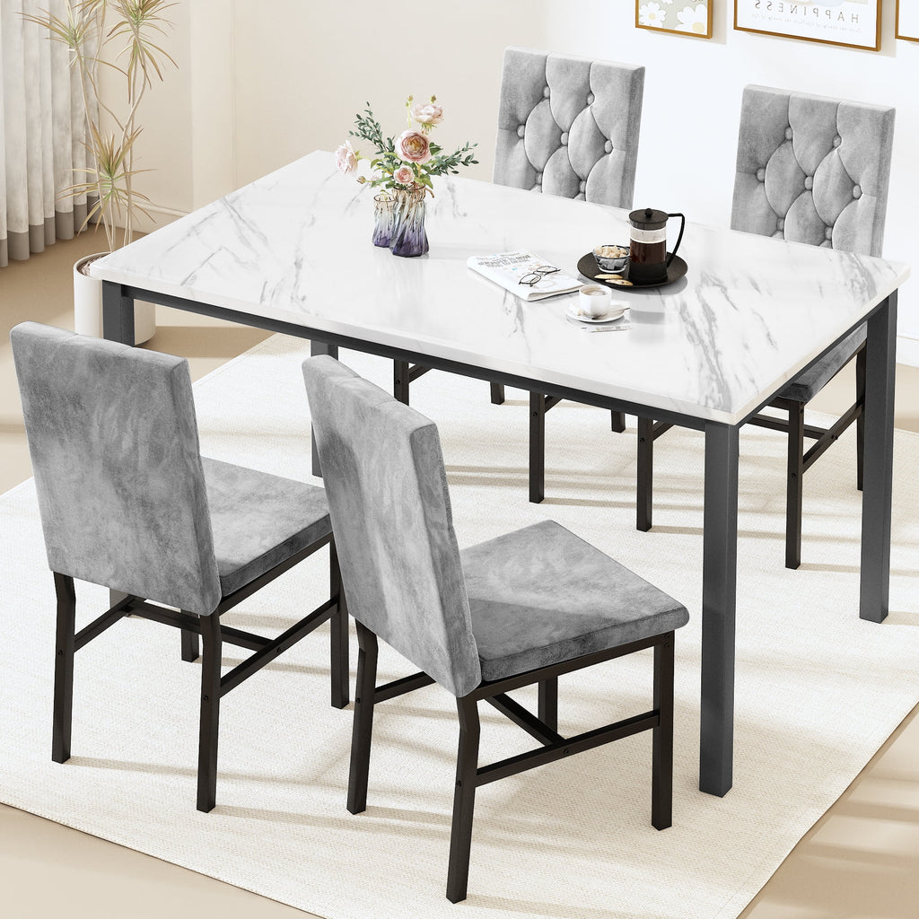 Baxluxe Dining Table Set for 4, Space Saving Rectangle Dining Table with 4 Velvet Dining Chairs, Faux Marble Kitchen Table and Chairs Set, Modern Dining Room Set for Kitchen, Pub, Beige+Gray