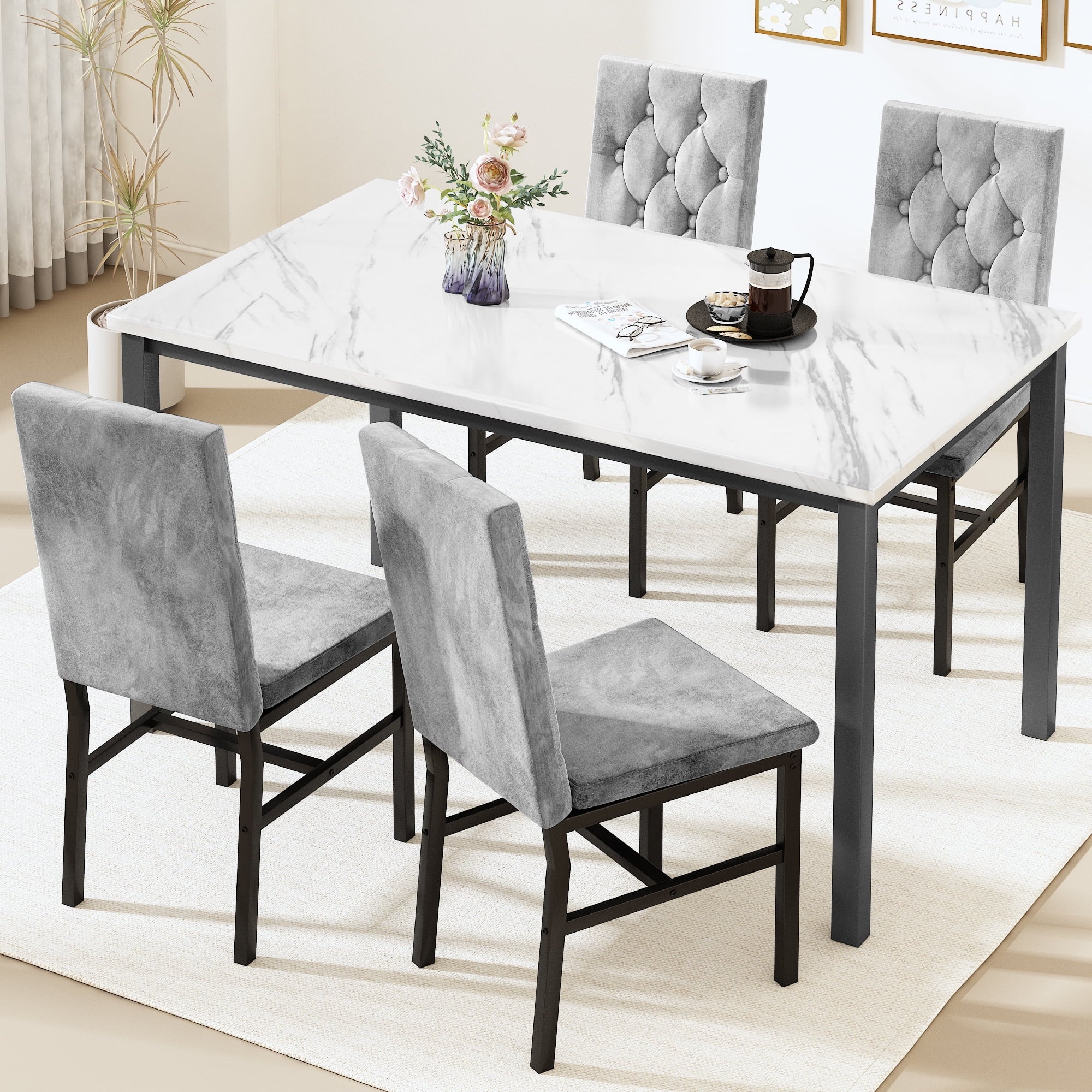 Baxluxe Dining Table Set for 4, Space Saving Rectangle Dining Table with 4 Velvet Dining Chairs, Faux Marble Kitchen Table and Chairs Set, Modern Dining Room Set for Kitchen, Pub, Beige+Gray