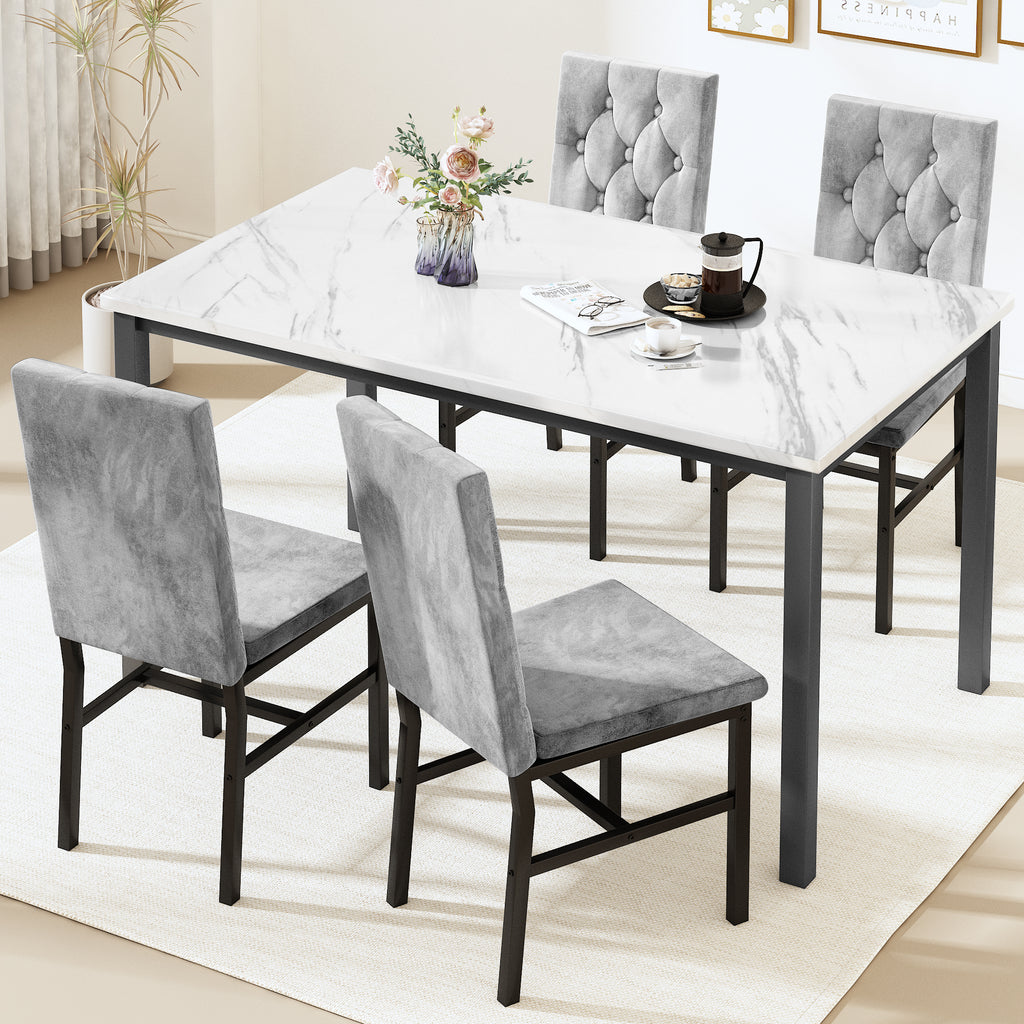 AWQM 5 Piece Dining Table Set, Faux Marble Kitchen Table and Chairs for 4, Dining Room Table Set with 4 PU Leather Chairs, White