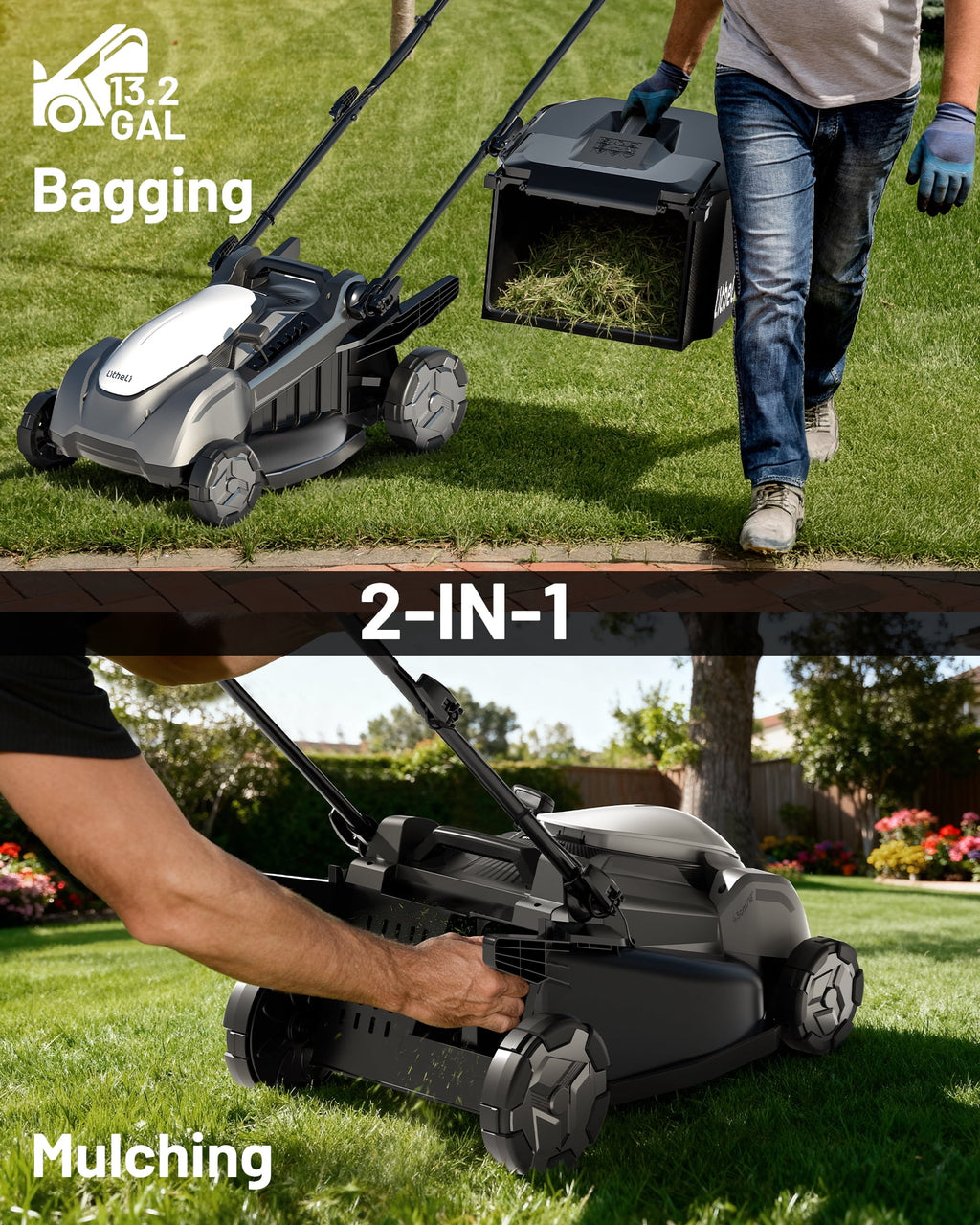 Litheli 40V Cordless Electric Lawn Mower, 17-Inch, Self-Propelled, Brushless Motor, 6-Position Height Adjustment, with 2 x 5.0Ah Battery, for Lawns & Gardens