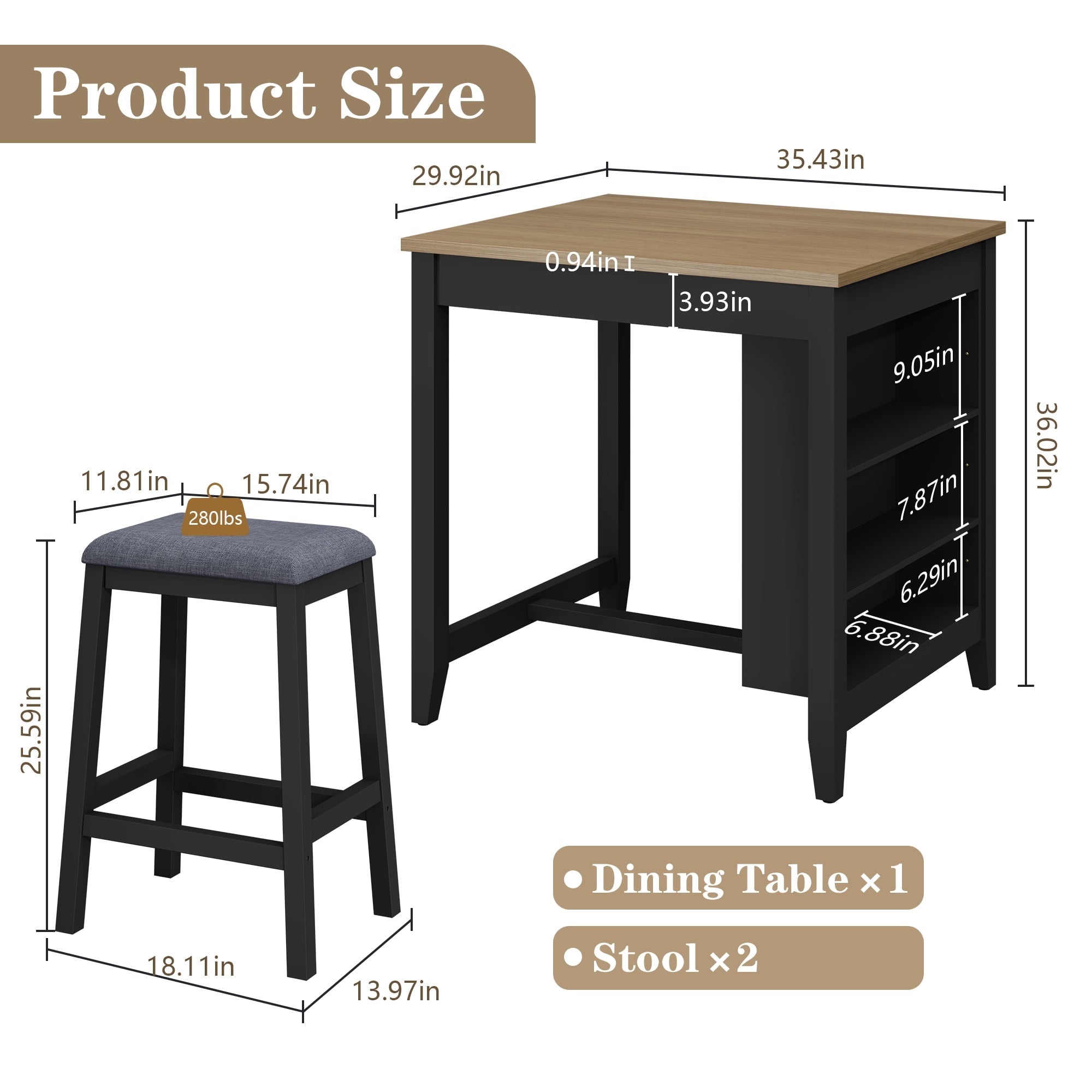 HLR 24.8 Bar Stools, Farmhouse Set of 2 Bar Chairs with Cushion for Kitchen, Dining Room, Cafe Black